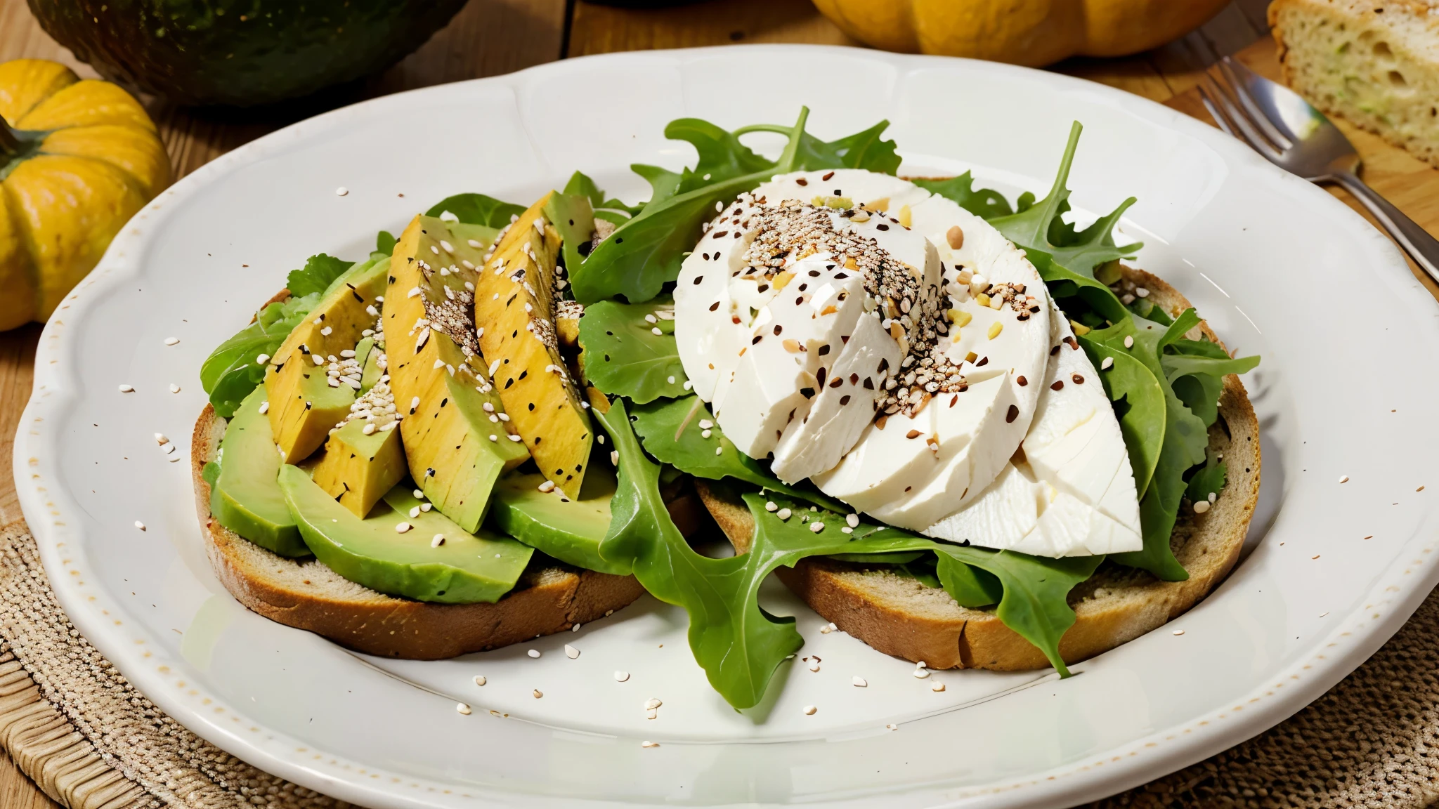 Avocado toast for breakfast or lunch with rye bread, sliced avocado, arugula, pumpkin and sesame seeds, salt and pepper