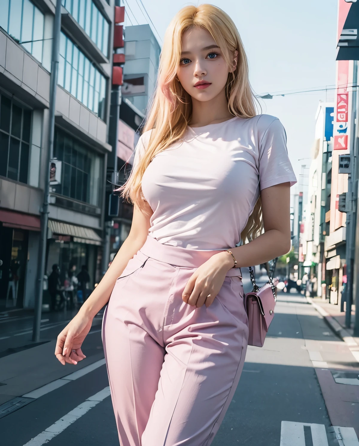 1girl, (Blue Eyes), smiling, (pink dress pants :1.3), (Sana Minatozaki), wide hips, Big , big ass, (Best Quality, 8k, Masterpiece: 1.3), Clear Focus: 1.2, Perfect Body Beauty: 1.4, strong abs :1.2, Highly detailed face and skin texture, detailed eyes, double eyelids, (blonde long hair :1.2), white t-shirt, standing, dynamic pose, in a busy neighborhood of tokyo