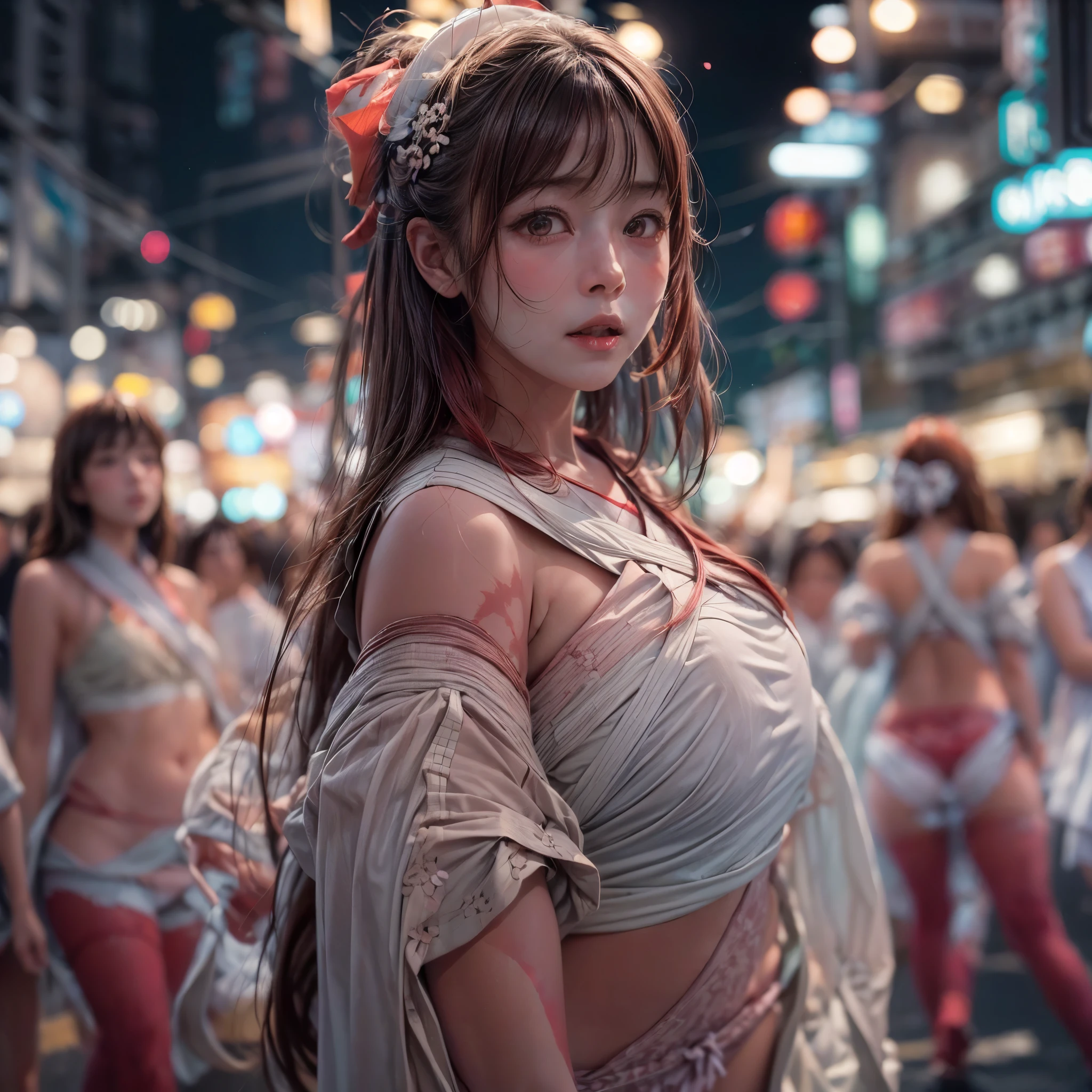 ((bokeH, Acutance:0.85, ultra-detailed:1.35)), (((from below))) . The background is the downtown area at (Twilight:1.4), (((Red-dyed clouds above hed:1.3))), { The Sky takes up more than third of the composition | (many colorful Lights:1.2) | lens flare | Burning | Haze | (luminous Particles) | Mystic sight | God rays | Lightning }, { Underboob | Oiled ivory skin | FullBody:1.2 } . (Masterpiece:1.2) of professional Analog photo with (Hasselblad), (((UltraRealistic and Photorealistic with touch of rawness:1.37))) . ((( A group photo of KAWAII girls in WHITE Fundoshi, at Hakata Gion Ymakasa Festival ))), ((Extremely detailed KAWAII face variations)) .  with looking ahead .