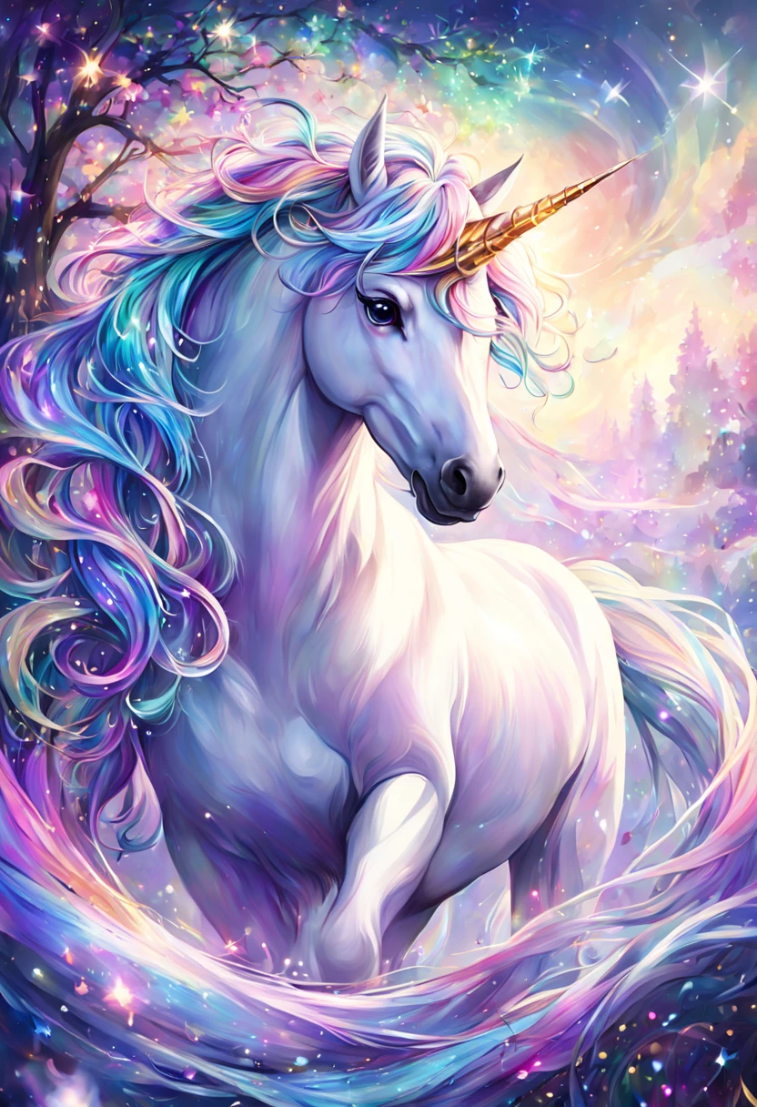 fantasy unicorn,Beautiful and delicate eyes,Flowing colorful mane,sparkling horn,magical environment