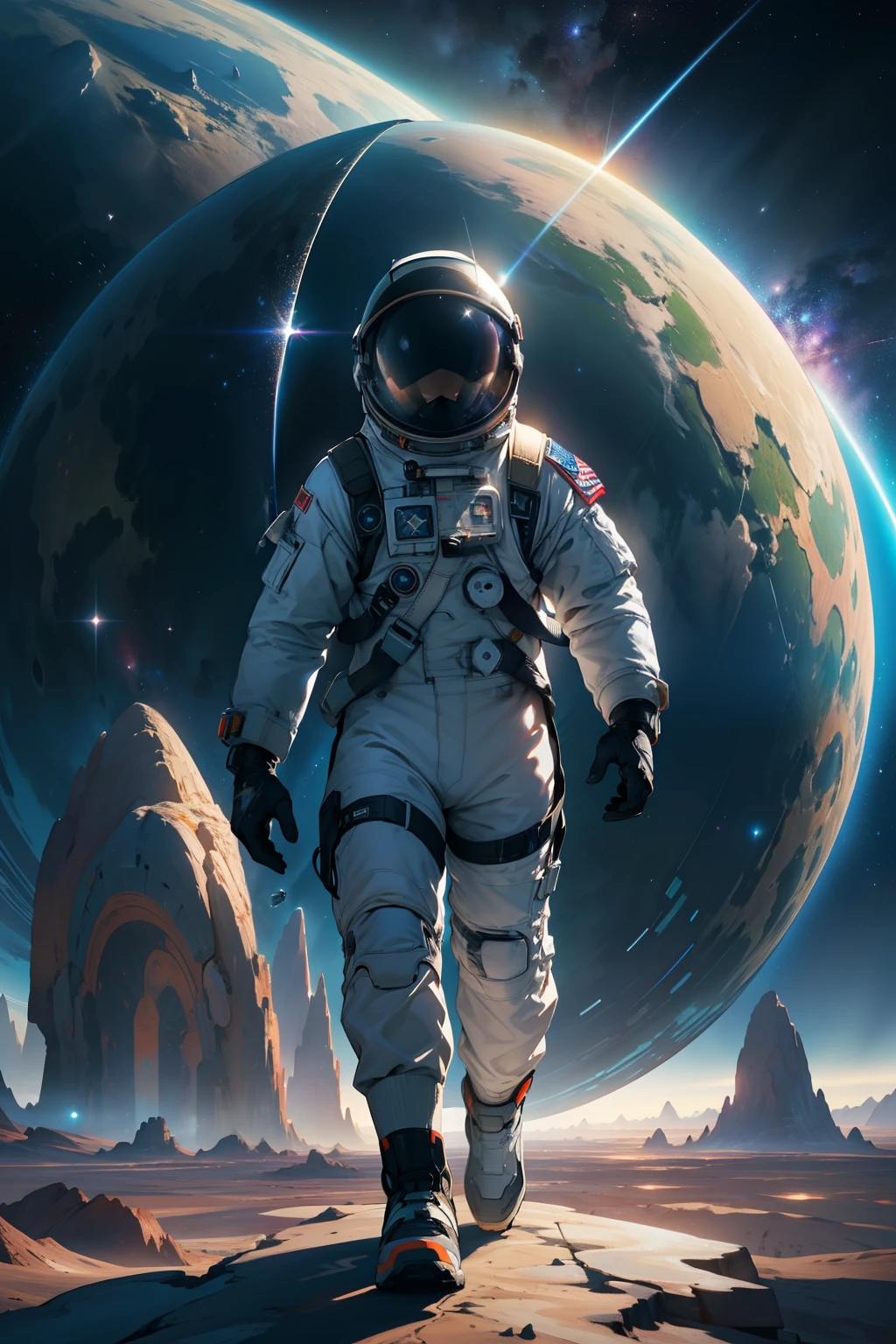 Ultra-detailed and hyper-realistic, the image showcases an awe-inspiring scene of an astronaut kid walking on the surface of a new planet. Standing beside a magnificent science fiction spaceship, the marvels at the alien landscape that stretches before them. The background is filled with a mesmerizing display of stars and galaxies, creating an otherworldly atmosphere that captures the imagination.