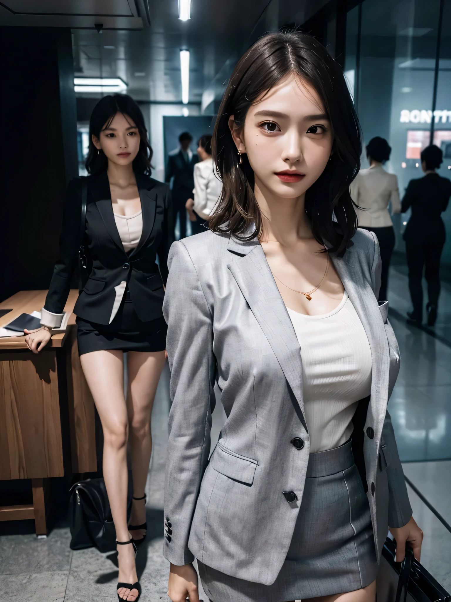disorganized, RAW photo, very delicate and beautiful, masterpiece, highest quality, ultra high resolution, 16k, surreal, super detailed, perfect anatomy, super dense skin, perfect figure, Highly detailed CG 8k wallpaper, 20&#39;s, very slim body, (tight waist:1.2), very small head, very small face, delicate features, tearful mole, earrings, thin legs, (very huge round breasts:1.3), (full body shot:1.1), short hair, wavy hair, (suit:1.5), (Gray jacket:1.1), (blouse:1.1), short skirt,