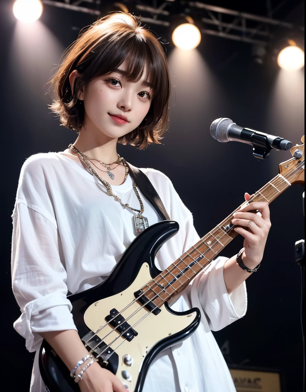 ((highest quality))、(masterpiece:1.4)、RAW photo、8K、((best image quality))、 ((High resolution))、Beautiful face in every detail、realistic human skin、gentle expression、(one woman:1.3 )、realistic、Photoreal、(very short hair:1.4)、(play bass guitar:1.3)、(on stage:1.3)、((perform at a live concert))、stand microphone、Wristband、bracelet、((young woman admires her))、(music live)、(concert)、she has many fans、rock band、(Beautiful woman)、(cute japanese girl)、(boyish:1.3)、(mannish)、((Beautiful woman))、(beautiful hair)、((dark brown hair))、(((red cheeks)))、(Big eyes:1.3)、20 year old beauty、(her face is small:1.5 )、small head、((long neck))、white skin、spotless skin、With bangs、everyone praises、日本のBeautiful woman、((8 heads tall))、(necklace)、(music festival:1.4)、singer、(concertTシャツ)、smile、(oversized clothes:1.3)、happy look、