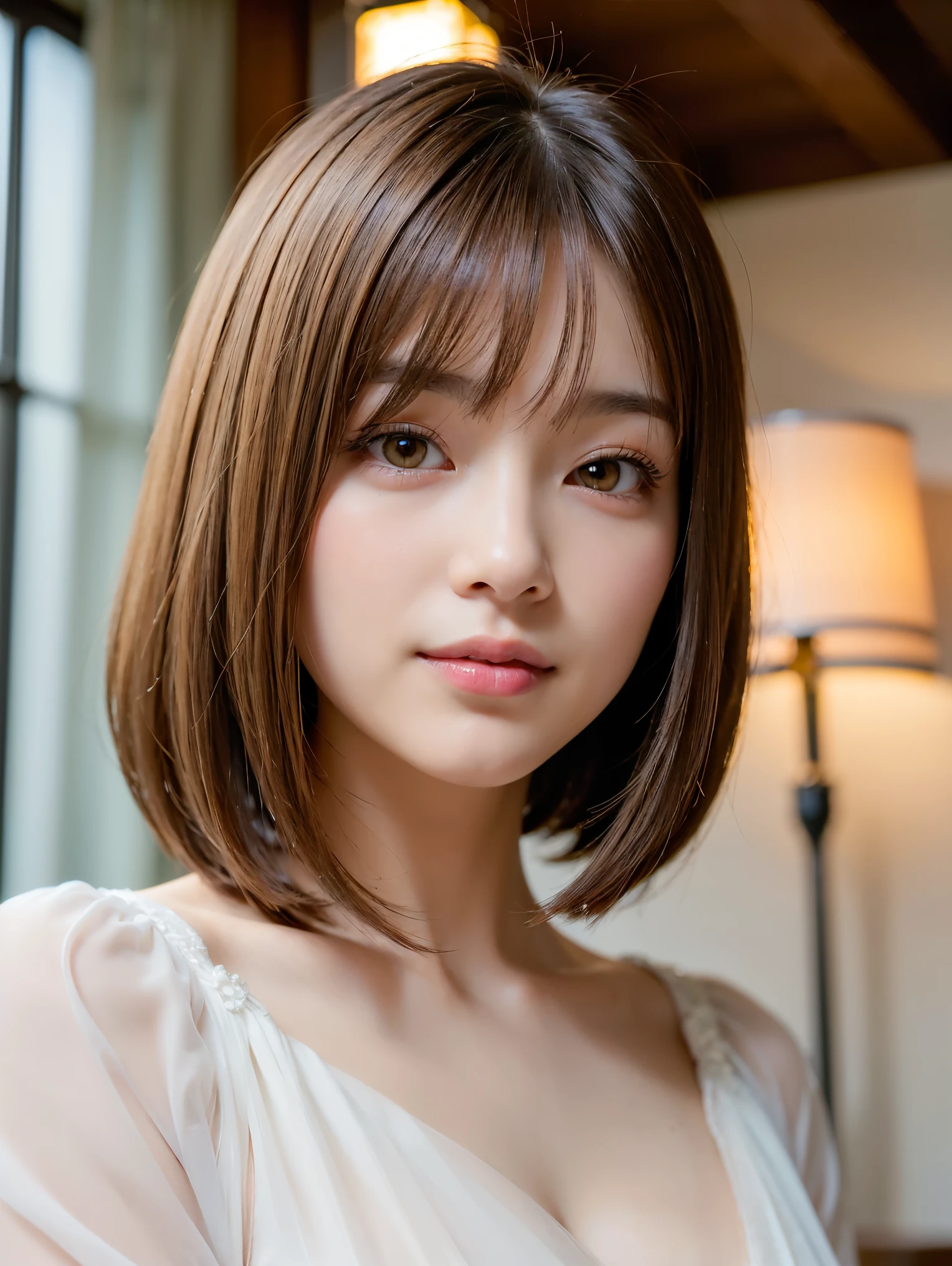 super highest quality, face focus, soft light, ultra high resolution, (realistic:1.4), RAW photo,
1 Japanese girl, alone, cute, (pupil, There&#39;There&#39;s a light in my eyes),  (detailed beautiful face:1.3)  ((High resolution details of human skin texture:1.3)
(long hair),
indoor,
Damask Shirt Dress, (Beautiful straight bob hair styled down to the tips:1.3)  elegant and neat　　intelligent and stylish
(portrait)  高精細にpupilにフォーカス　diffused light from window　beautiful gradation　gentle smile　Beautiful gradation