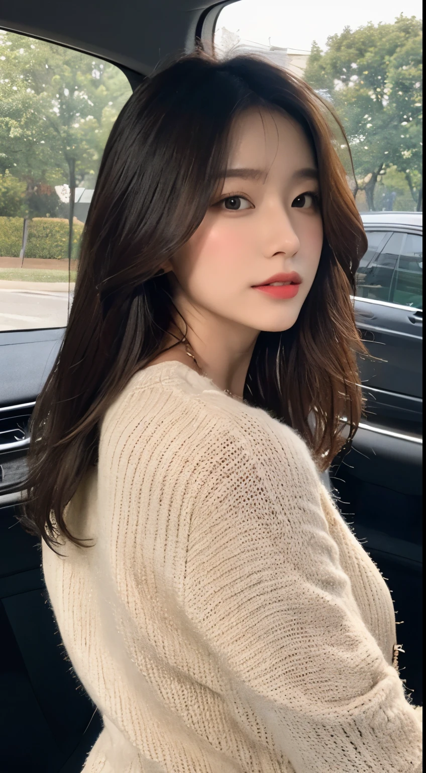 clear、cleanliness、Elegant、Don't look back、Don't look here、Beauty from behind、back view、car is jeep、Wearing stylish winter clothes、highest quality, figure, super detailed, finely, High resolution, 8k wallpaper, 完璧なダイナミックな構figure, beautiful and fine eyes, dress,medium hair, middle of chest, natural color lip, 