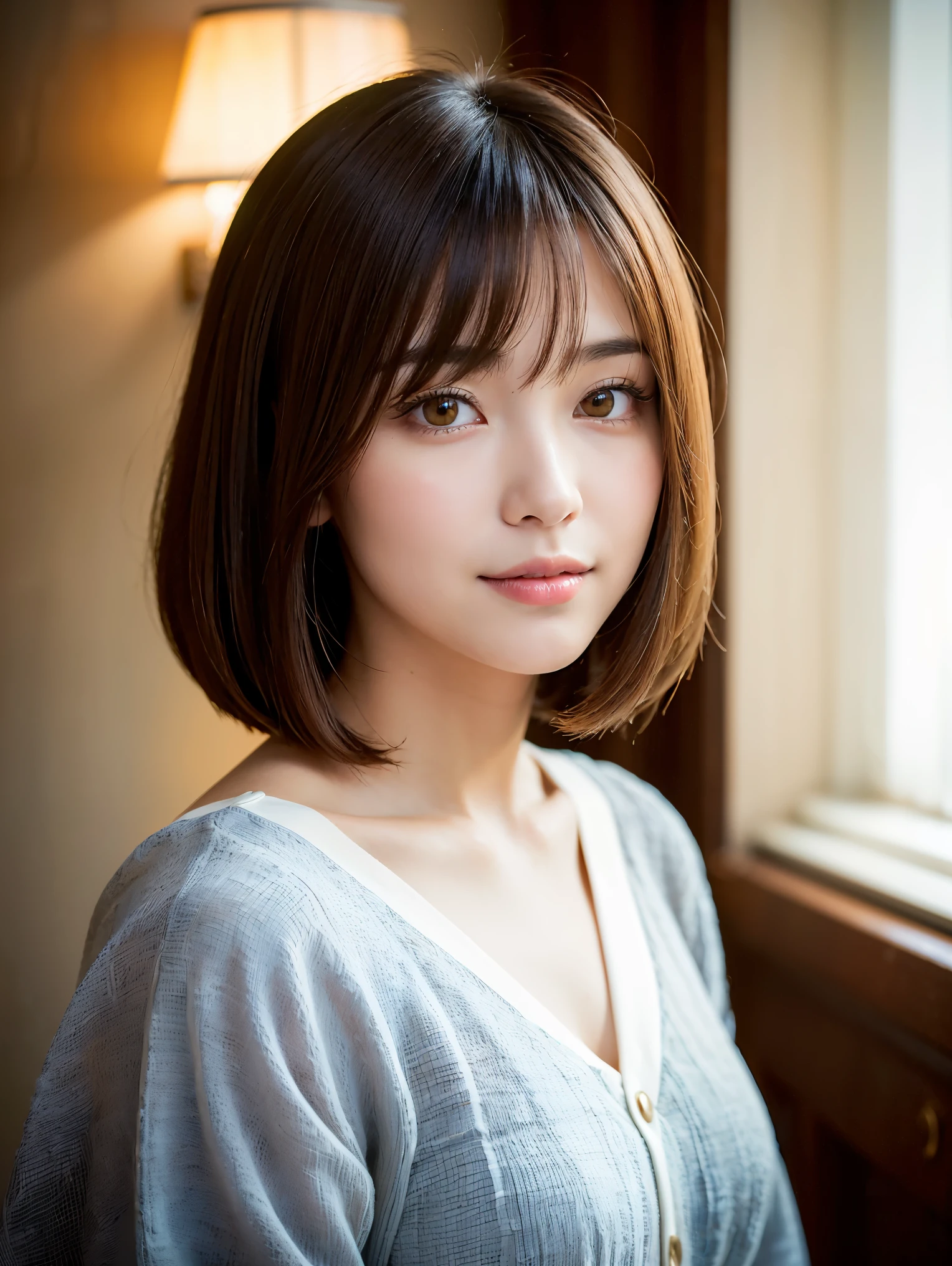 super highest quality, face focus, soft light, ultra high resolution, (realistic:1.4), RAW photo,
1 Japanese girl, alone, cute, (pupil, There'There's a light in my eyes), (detailed beautiful face:1.3) ((High resolution details of human skin texture:1.3)
(long hair),
indoor,
Damask Shirt Dress, (Beautiful straight bob hair styled down to the tips:1.3) elegant and neat intelligent and stylish
(portrait) 高精細にpupilにフォーカス diffused light from window beautiful gradation gentle smile Beautiful gradation