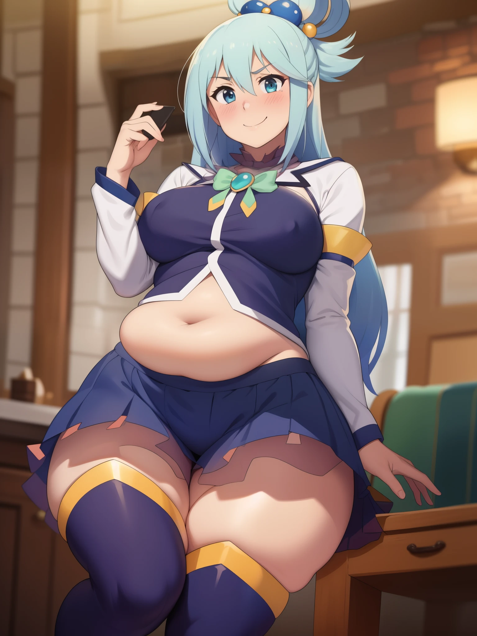 aqua \(konosuba\), ((highres)), Masterpiece, high quality, best quality, beautiful, perfect lighting, detailed face, ultra cute face, (blush), ((1girl)), ((solo)), Separated sleeves, blue blouse, skirt, thigh boots, Hair ornament, Hair ring, Long hair, blue hair, (blush), seductive smile, looking at viewer, standing, medium breasts, (wide hips), ((thick thighs)), (chubby), chubby belly, fat folds, belly hang, living room,