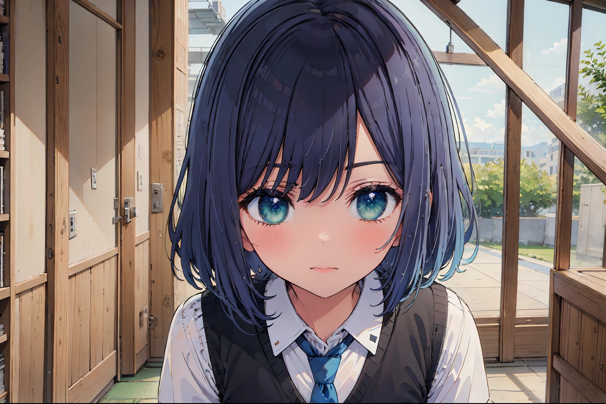 ((Masterpiece: 1.3)), ((Absolute Resolution: 1.2)), ((Superlative,: 1.4)), super detailed face, complex and detailed eyes, 1girl, lying, solo, looking at viewer (masterpiece, highest quality:1.2), 1 girl, alone, Akane Kurokawa, 1 girl, dark blue hair, medium hair, one length bob, Added bangs to add brightness to the face, Hair ends remain thick overall. , blue eyes, green eyes, school uniform, white shirt, collared shirt, vest, white shirt, sweater vest, black vest, blue tie, gray pleated skirt