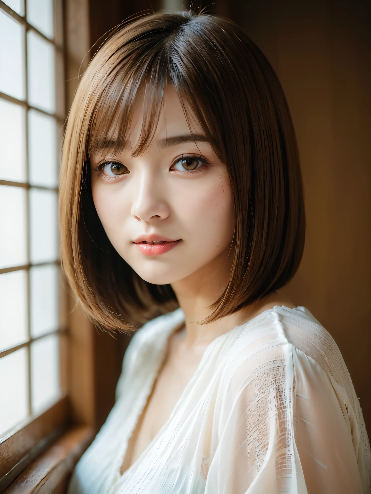 super highest quality, face focus, soft light, ultra high resolution, (realistic:1.4), RAW photo,
1 Japanese girl, alone, cute, (pupil, There'There's a light in my eyes), (detailed beautiful face:1.3) ((High resolution details of human skin texture:1.3)
(long hair),
indoor,
Damask Shirt Dress, (Beautiful straight bob hair styled down to the tips:1.3) elegant and neat intelligent and stylish
(portrait) 高精細にpupilにフォーカス diffused light from window beautiful gradation gentle smile Beautiful gradation