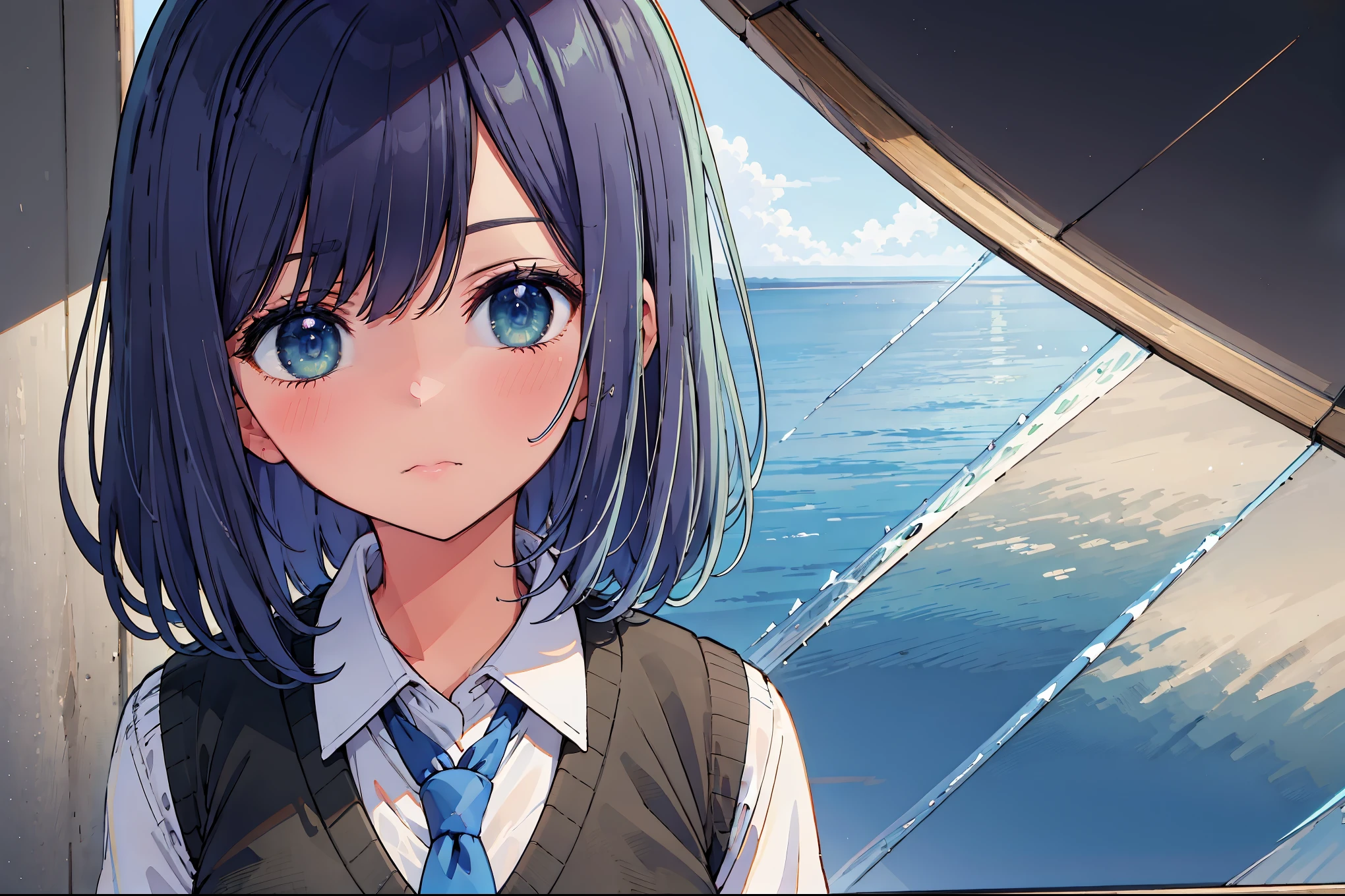 ((Masterpiece: 1.3)), ((Absolute Resolution: 1.2)), ((Superlative,: 1.4)), super detailed face, complex and detailed eyes, 1girl, lying, solo, looking at viewer (masterpiece, highest quality:1.2), 1 girl, alone, Akane Kurokawa, 1 girl, dark blue hair, medium hair, one length bob, Added bangs to add brightness to the face, Hair ends remain thick overall. , blue eyes, green eyes, school uniform, white shirt, collared shirt, vest, white shirt, sweater vest, black vest, blue tie, gray pleated skirt