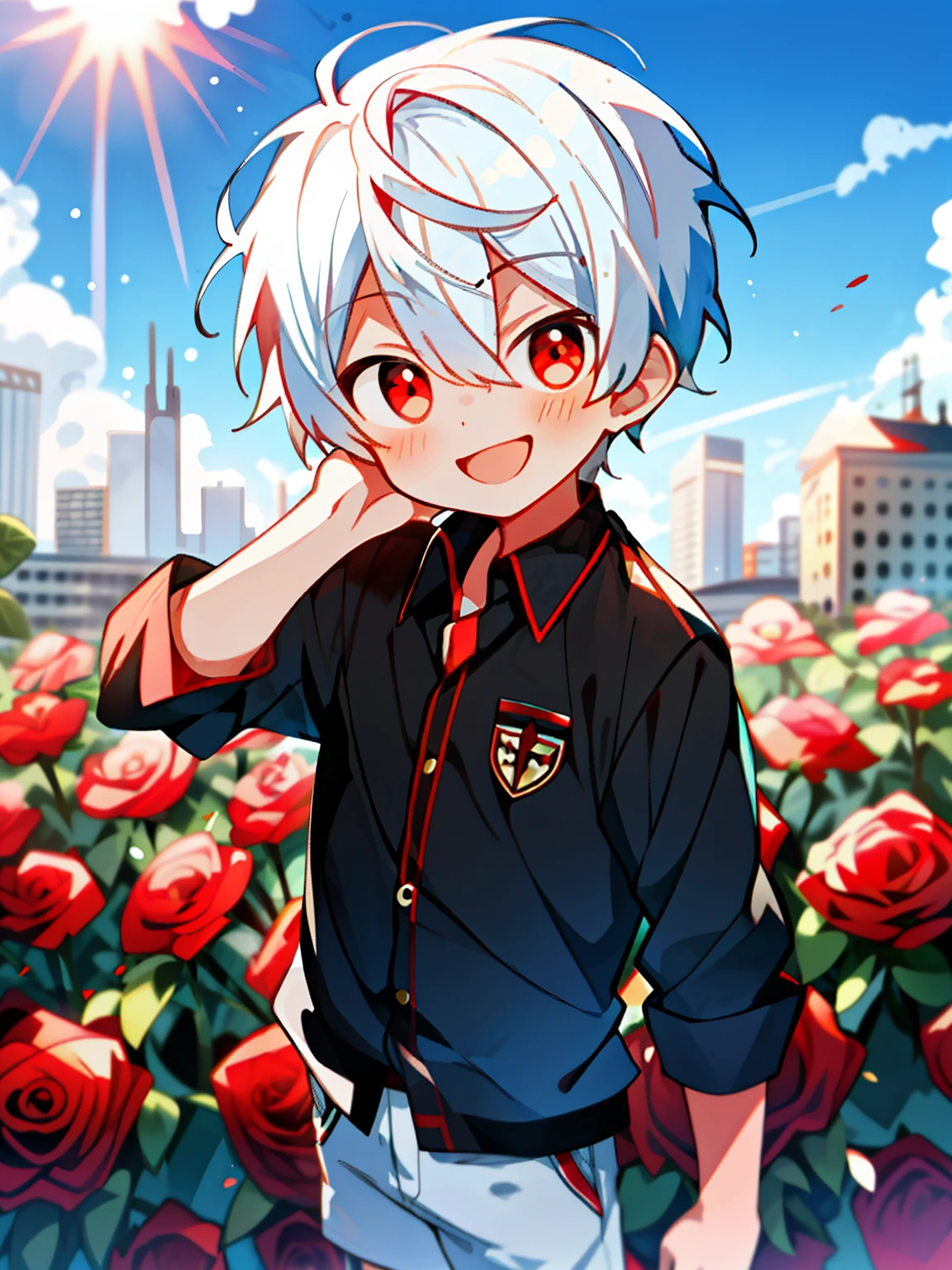 (high-quality, breathtaking),(expressive eyes, perfect face), 1boy, solo, short, young boy, short hair, white hair, red eyes, smiling, black school uniform, wear short shorts, urban setting, sunshine, blue sky, shine, glow, red roses.