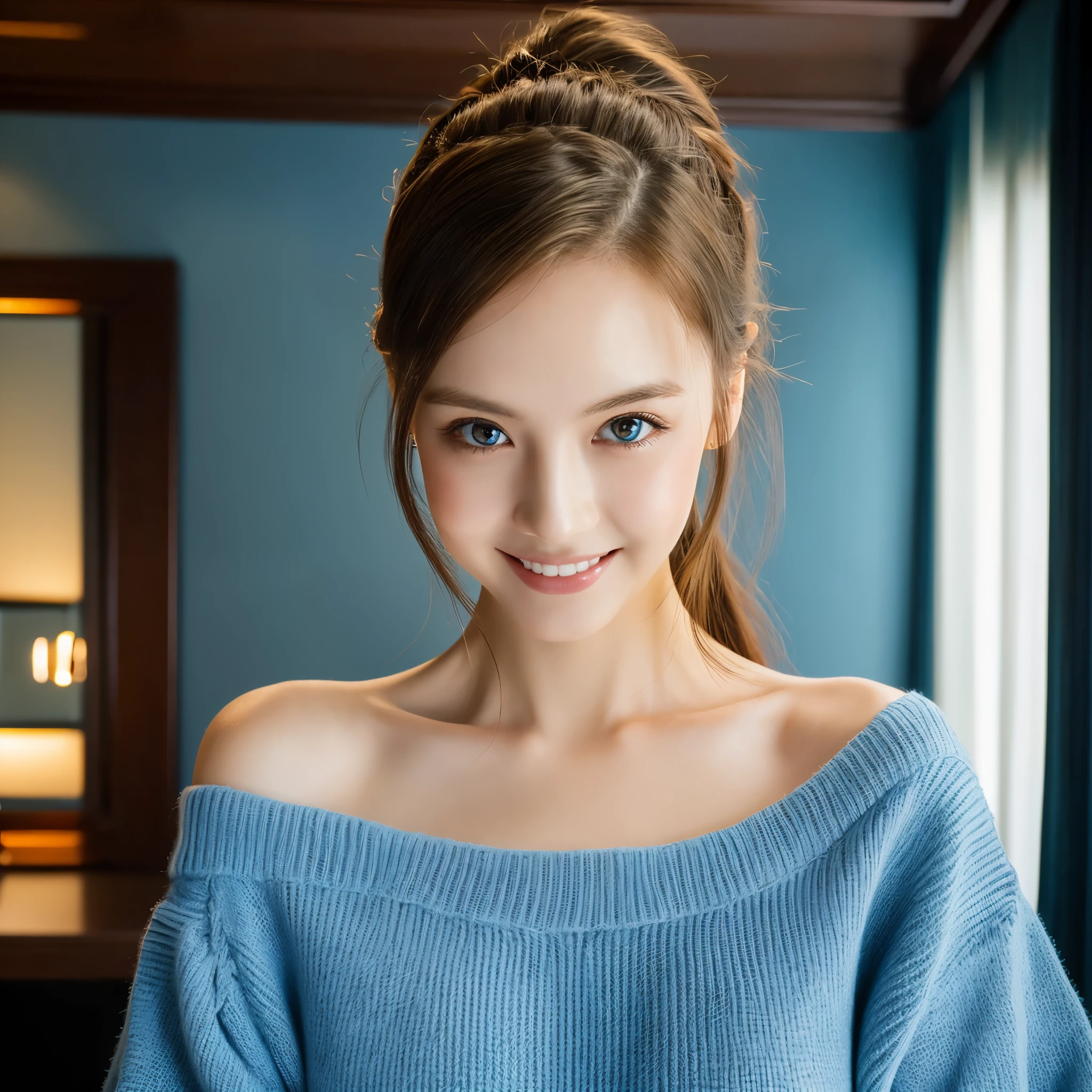 (highest quality), (masterpiece), (High resolution), (intricate details:0.2),(professional lighting), room, detailed background, Oversized Black T-Shirt, off shoulder, (previous view), 1 girl, alone, (beautiful face:1.40), Because I'm slender, fine skin, smile, Brown hair with long ponytail, sky blue eyes, (medium sized beast:1.10), View with viewer,