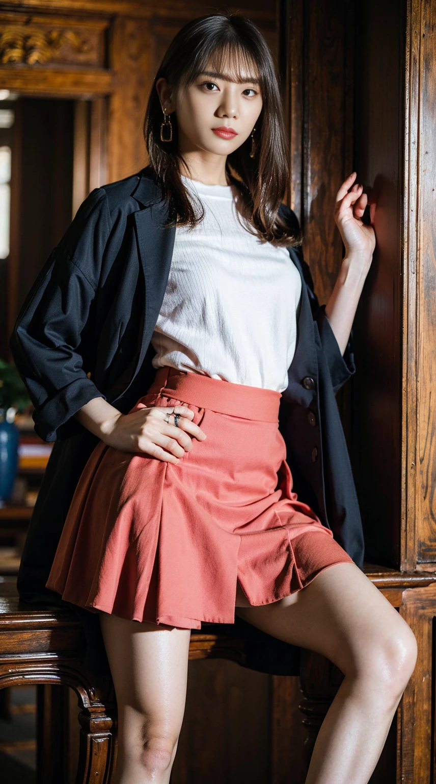 masterpiece, great work, whole body, 1 girl,  mini skirt, blush, bracelet, beautiful breasts, , gradient hair, long hair, looking at the audience, loose earrings, checked skirt, red eyes, ring, smile, alone,  fashion, woman, vitality,  take a pose, front, colorful,concentrated、whole body画像(1:5）、thin legs、Are standing、put your hands on your hips、idol costume、boots、whole body画像、Chest emphasis、pink costume、stand with legs apart