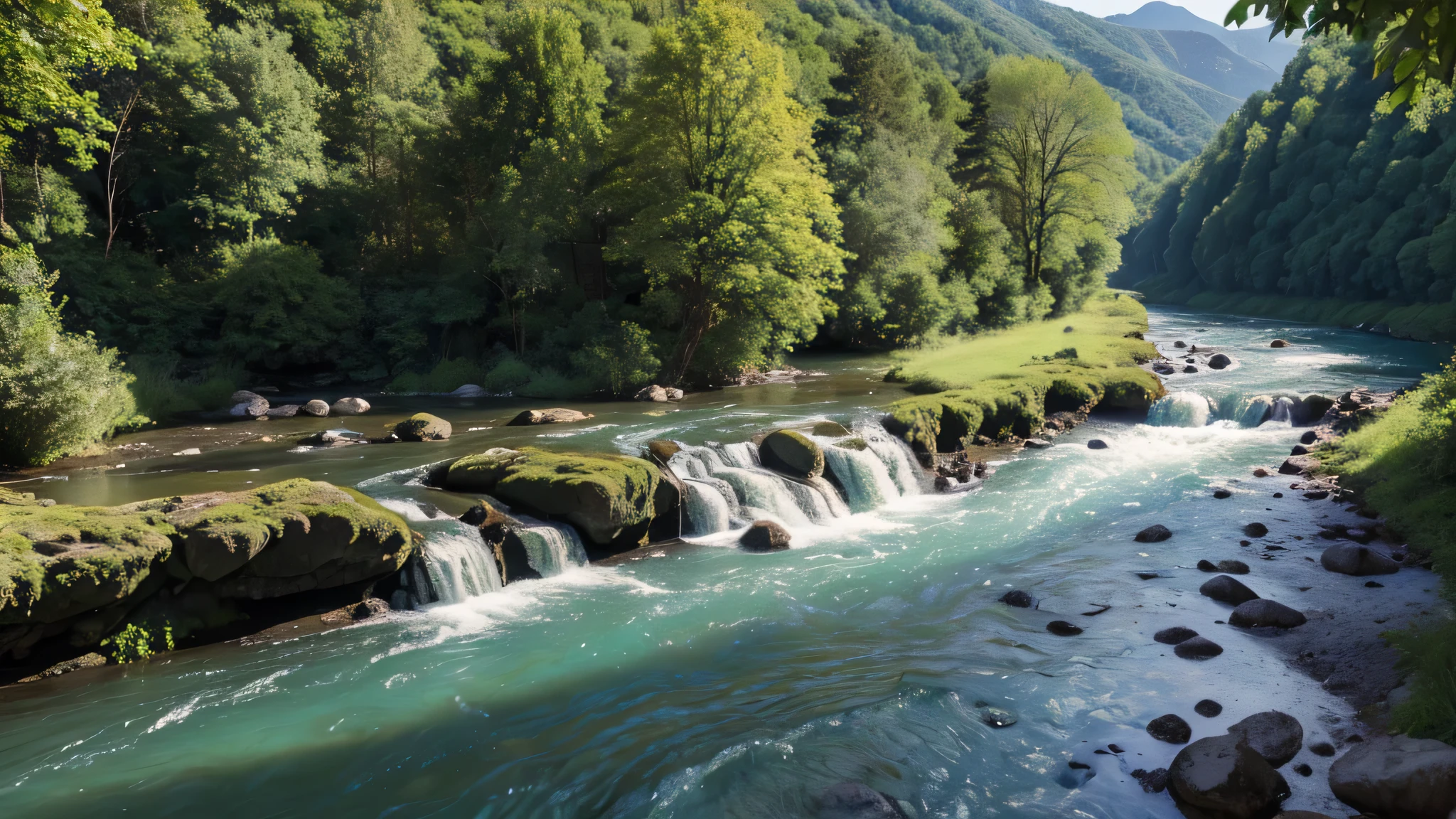 Arafad landscape,river flowing through forest,背景是一座Mountain, Digital rendering by Franz Hegi, blinds, Art, This river is so amazing, lush surroundings, european river, trip, Mountain, Rivers and trees, stunning scenery, forest and river, lush scenery, a river flowing with waterfalls, Nice environment, majestic natural scenery