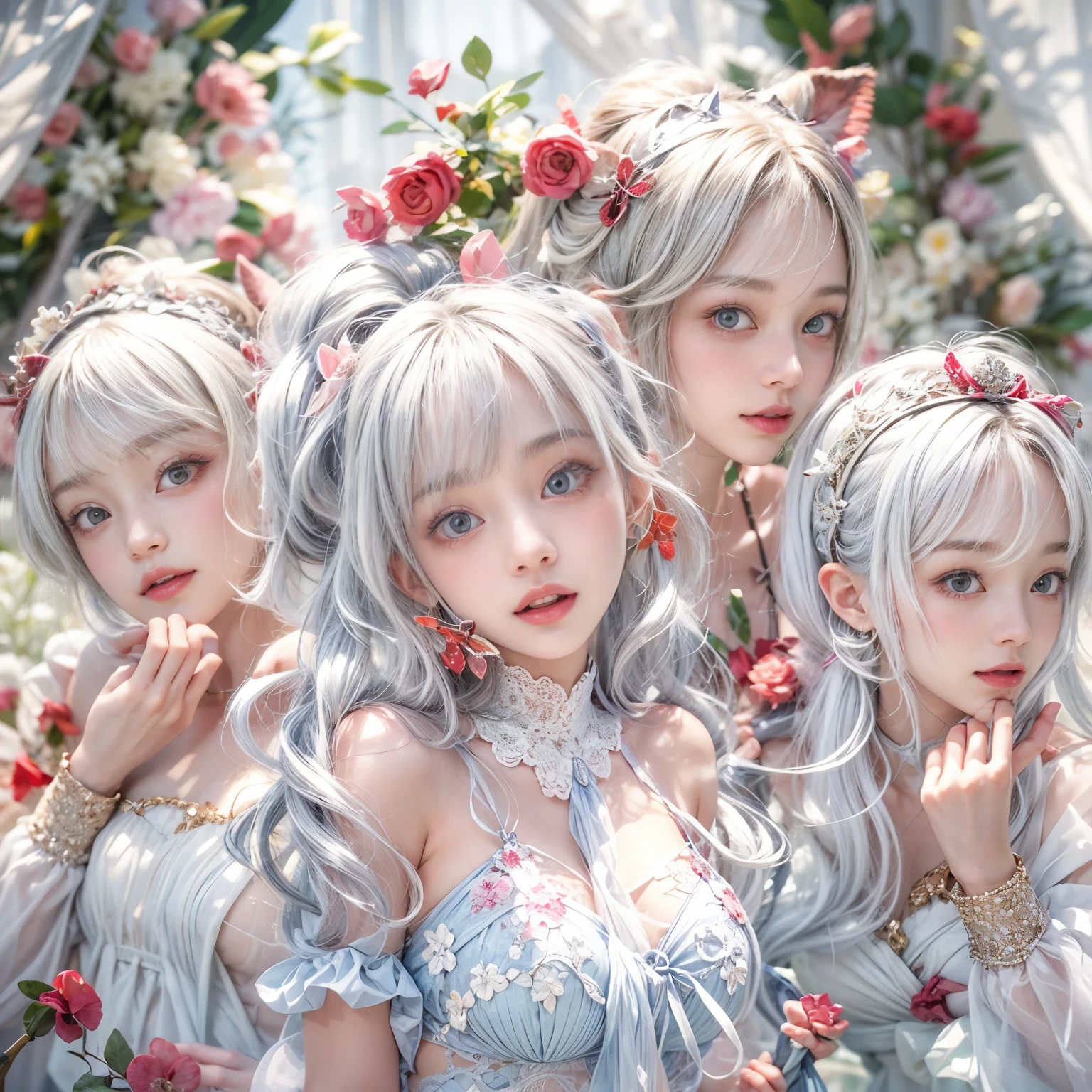 (SFW, White and Red, masterpiece:1.2, Exposed:1.2), (nipple:-0.9), (Acutance:0.8), (many sexy junior idols in group photograph), ((Extremely Detailed KAWAII face variations, joyful expression variations)), { Navel | pretty Ass | Overflowing sideboob | (Delicate lace knitted white wear) | full of Flowers covering girl's body | (Colorful Light shines from Dazzling and delicate stained glass:1.2) }. ( ultra-detailed, realistic, (photorealistic:1.37) with a touch of rawness). { under the mesmerizing back lighting | concept art | enhancing the overall visual impact }. (not Detailed fingers:-0.9) .