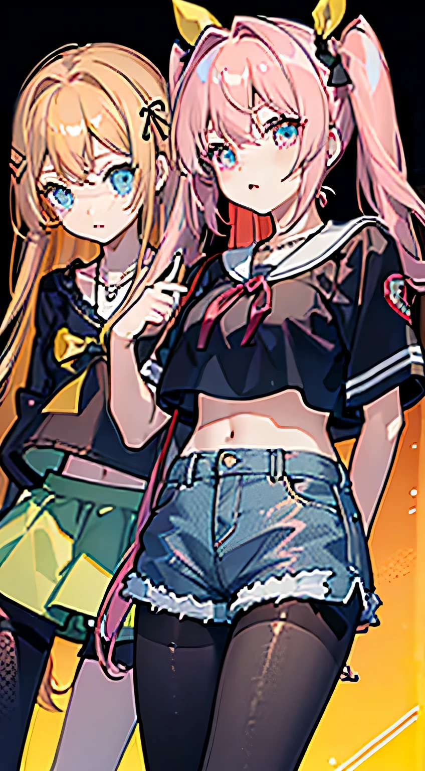 ,twin, masterpiece,best quality,official art,Extremely detailed CG unified 8k wallpaper, 2 girls, cute female , Yuri, hair accessories, shorts, crop top, pantyhose, ribbon_necklace, leg straps,