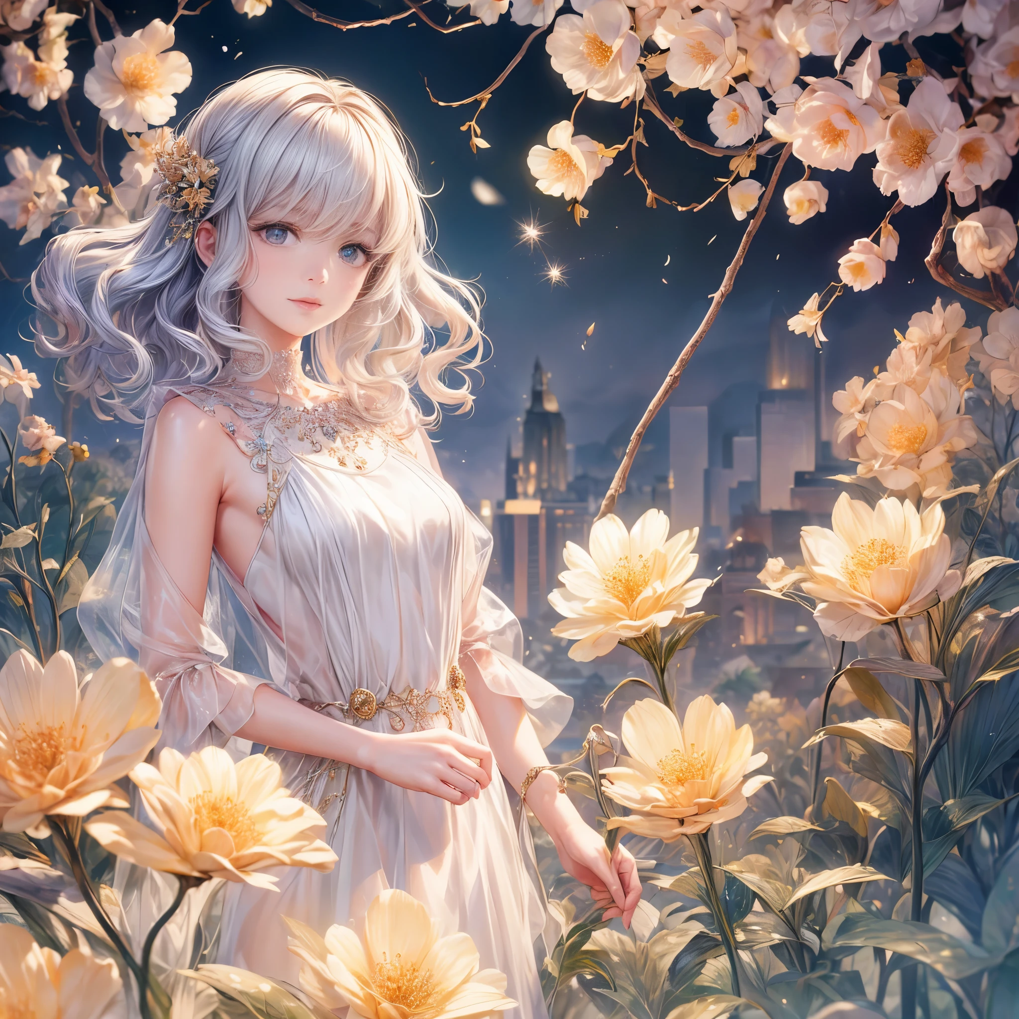 (best quality:1.4),(masterpiece:1.4),ultra-detailed,8K,CG,exquisite,upper body,loneliness,thumb girl,little princess,flowy court dress,garden background,detailed facial features,long curly hair,almond eyes,delicate eye makeup,long fluttering eyelashes,sparkling starry eyes,and a gaze like a star, intricate lip details,soft and harmonious style.