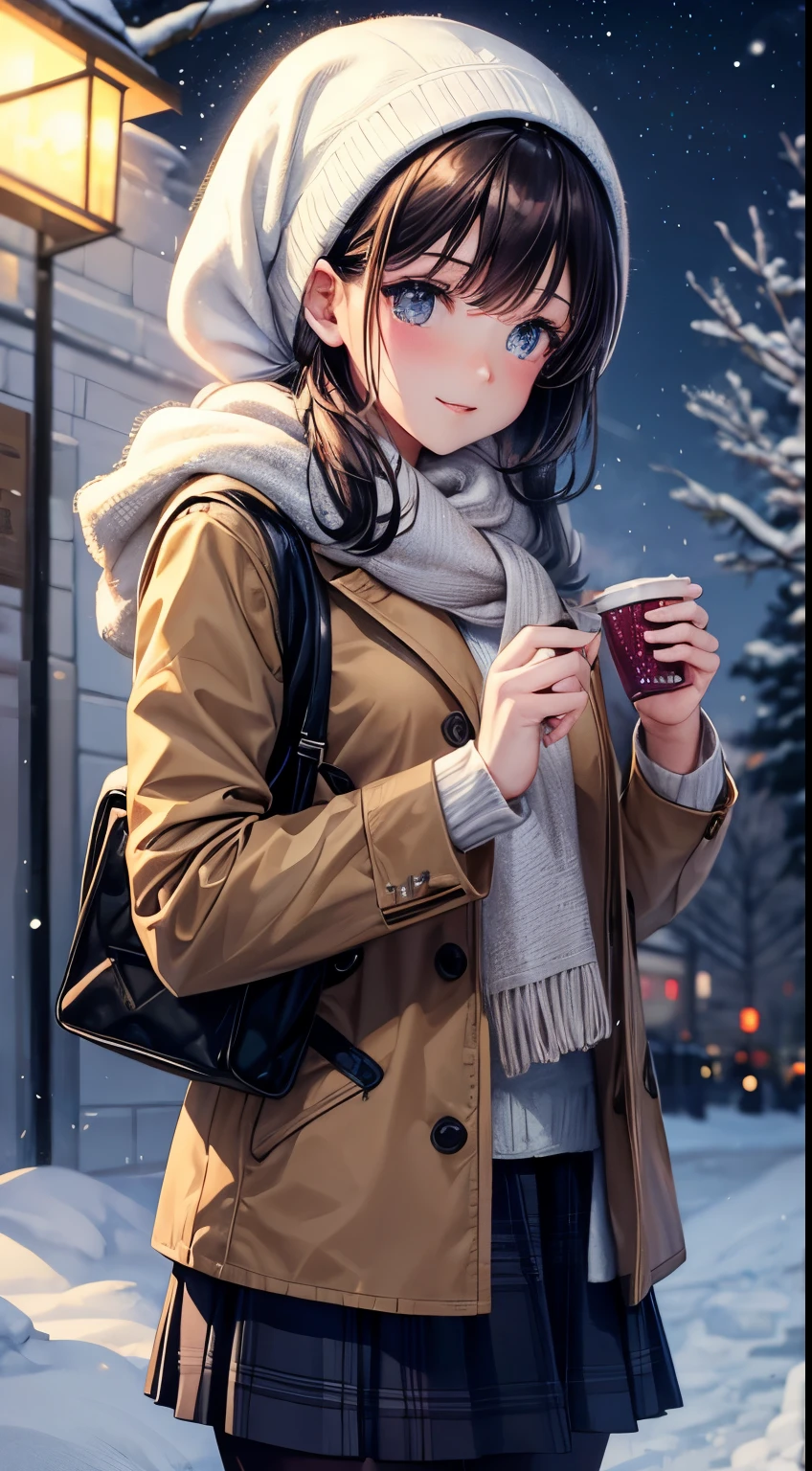 beautiful woman, 30s, winter clothes, butt, 2d background with light effects, soft lighting