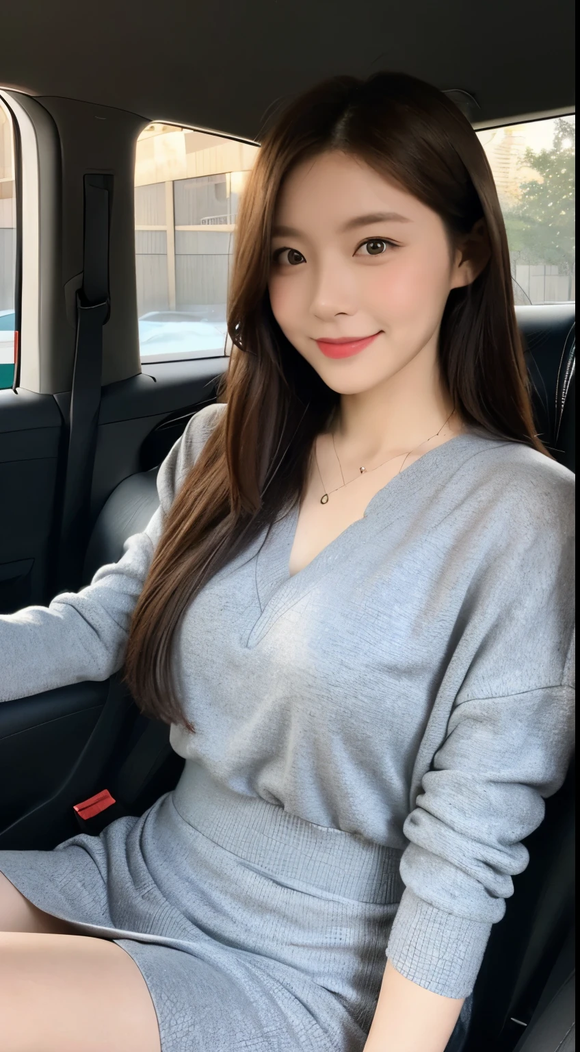 In the interior of an Alphard, the seats are upholstered in black leather. A woman is seated in the rear seat, facing towards us. She is dressed in winter clothing, with her upper body down to her thighs visible、sitting in the backseat of a car, car seats are red、car is jeep、Wearing stylish winter clothes、highest quality, figure, super detailed, finely, High resolution, 8k wallpaper, 完璧なダイナミックな構figure, beautiful and fine eyes, dress,medium hair, middle of chest, natural color lip, random sexy poses,smile,Tower Mansion