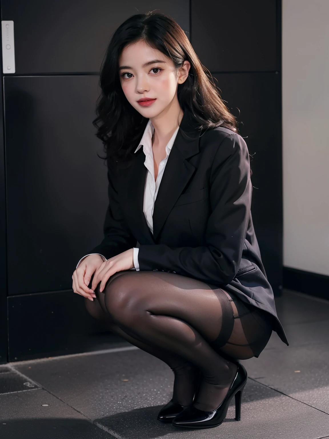 (anatomically correct:1.5),(best quality:1.5), full body portrait, (delicate face:1.1), (pretty face:1.1), slim figure, office女士,office服,black coat,Collared white shirt,long black hair,(curls:1.2),(long legs:1.05),(High heel:1.2),squatting position,(black_pantyhose:1.2),Lovely,(Smile:0.8),(blush:1.1),office