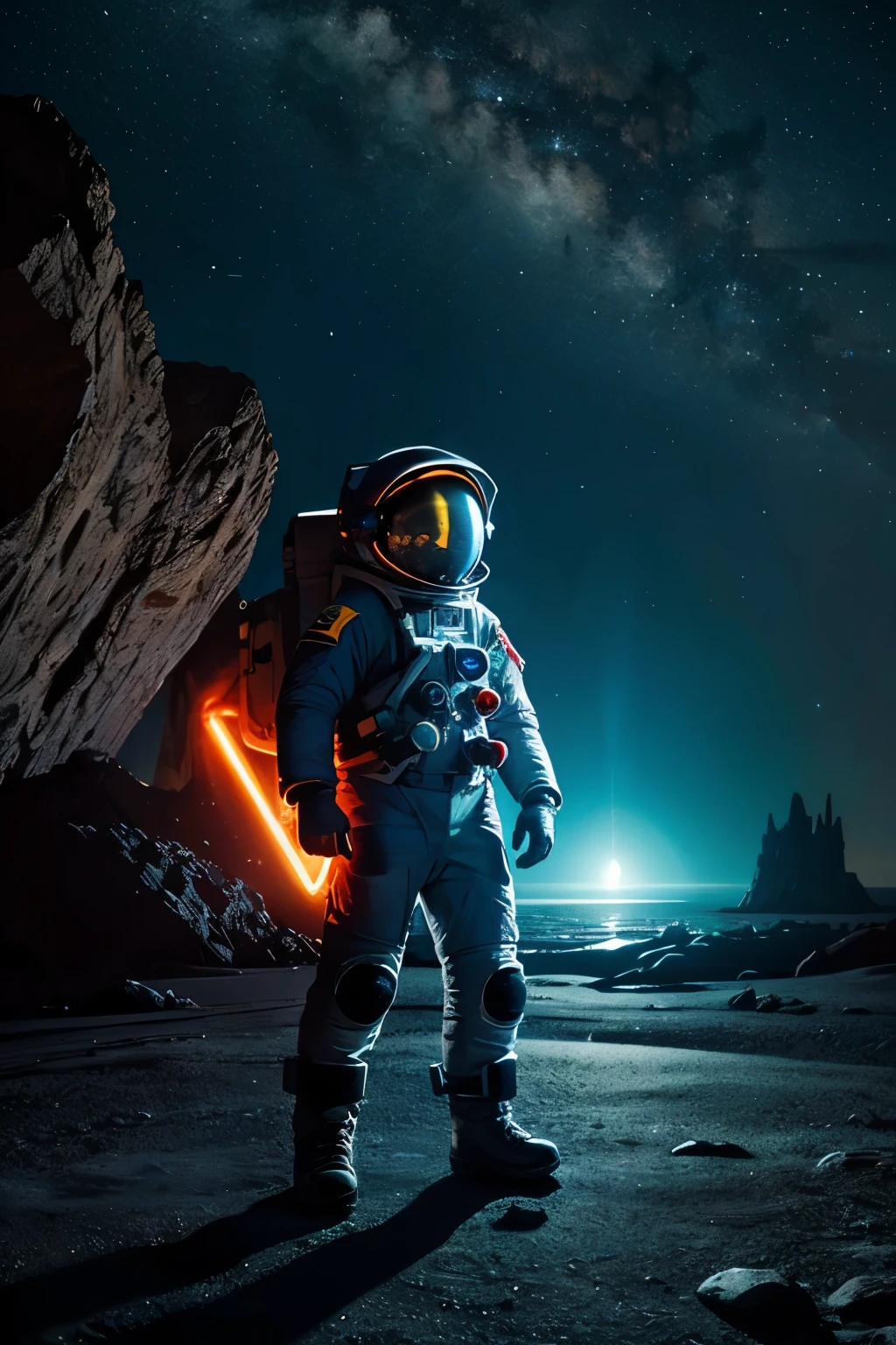 Ultra-detailed and hyper-realistic, an astronaut kid explores a new alien planet. He dons a spacesuit, taking small steps on the unfamiliar terrain. Nearby, a massive science fiction space ship hums with activity. Exotic creatures with glowing eyes observe him from a safe distance, their strange forms illuminated by the ship's beacon. The background is filled with a mesmerizing canvas of twinkling stars and nebulae, a reminder of the endless cosmos that surrounds this young adventurer.
