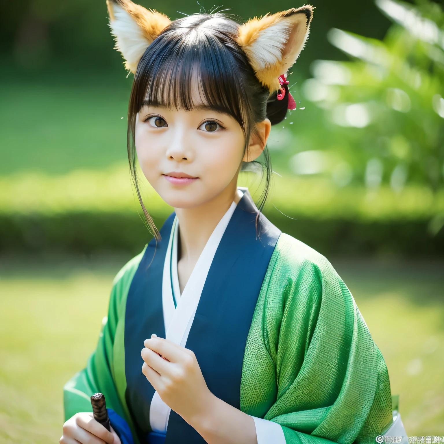 Fox face、girl 、kimono、green