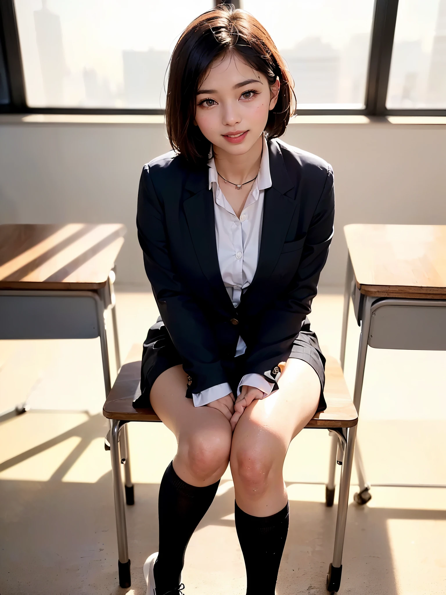 ((8k, RAW photos, top quality, masterpieces), high-definition RAW color photos professional close-up photos, (realistic, photorealism: 1.37), (highest quality), (best shadows), (best illustrations), collarbones ((big)), ((erotic, sexy, ultra high resolution, high-definition CG unified 8K wallpapers, physically based rendering, movie lighting), (aegyo sal:1), 18 year old girl, (grey blazer, ribbon, socks, high school uniform: 1.2), high school classroom, beautiful detail eyes, light on the face, ((full body shot: 1.2)), especially strong light, (upper eyes, grinning smile:1.2),shiny skin, (((black hair, bob hair:1.2))), ( thick thighs), ulzzang-6500-v1.1:0.2, shy, (flash:1.2), NSFW , (puffy), ((seductive posture: 1.2, attractive: 1.2)), (idle), (sitting at a desk in classroom: 1.2)), ((good anatomy: 1.2)), ((bright and refreshing classroom, background blurred: 1.2)), perfect face, cute face, (high angle shot:1.2)
