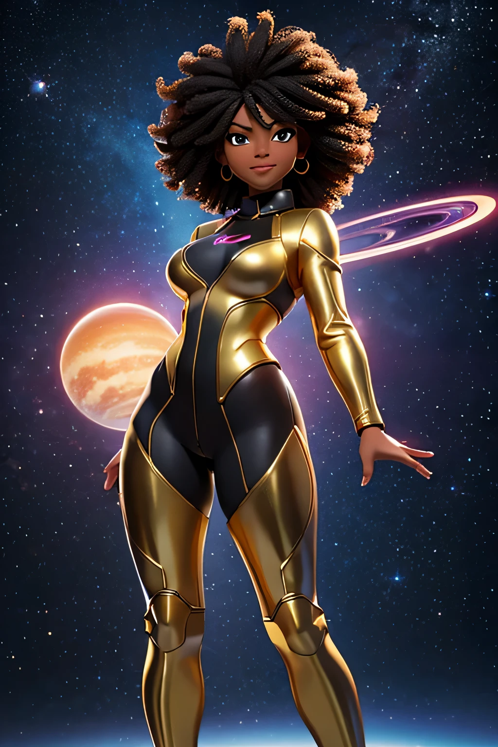 HD, dark skinned, young transgender, age 8, humanoid, honey, black afro hair, Jackie Parris, ((((Jackie Parris)))), full body cgsociety, 3 d character art, full character body, detailed full body concept, stylized character, erotica, ((young transgender, 1girl, age 8)), ((complex detailed background, space, outside)), erotica, full body, sexy, wide hips, thicc body, thicc, chubby, small breasts, action pose, spacesuit, gold tight Metroid costume