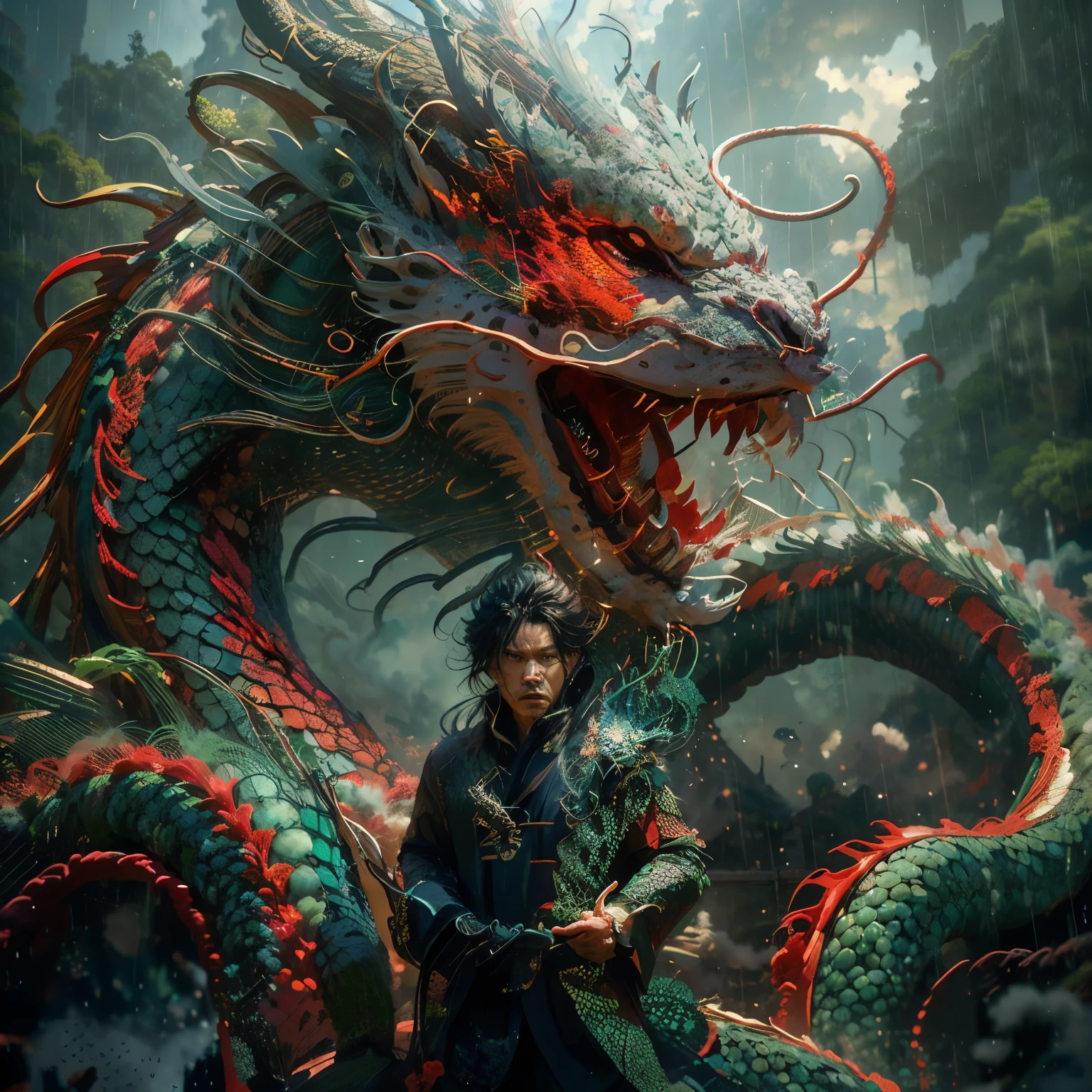 there is a man standing next to a dragon statue in the rain, man with the soul of a dragon, dragon in the background, chinese dragon concept art, chinese fantasy, yiqiang and shurakrgt, human and dragon fusion, wlop and ross tran, loong, extremely detailed digital art, chinese dragon, dragon art, by Yang J