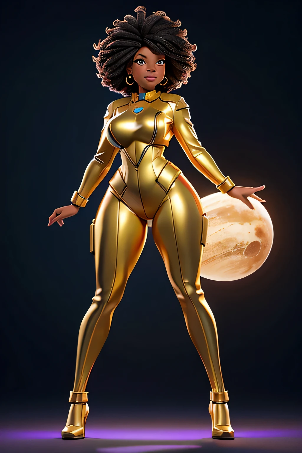 HD, dark skinned, young woman, age 25, humanoid, honey, black afro hair, Jackie Parris, ((((Jackie Parris)))), full body cgsociety, 3 d character art, full character body, detailed full body concept, stylized character, erotica, ((young woman, 1girl, age 25)), ((complex detailed background, space, outside)), erotica, full body, sexy, wide hips, thicc body, thicc, chubby, large breasts, action pose, spacesuit, gold tight Metroid costume