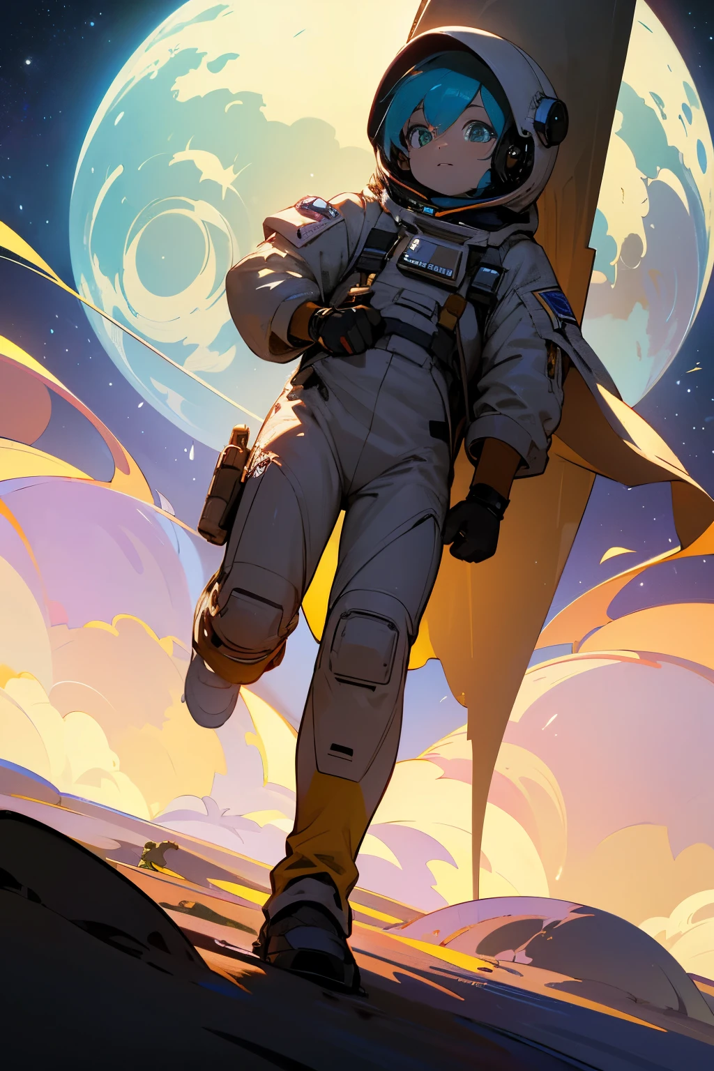 Ultra-detailed and hyper-realistic, an astronaut ??? explores a new alien planet. He takes small, curious steps on the unfamiliar terrain, leaving footprints in the fine, granular soil. Next to him, a sleek, advanced space ship hums softly, its metallic surface reflecting the shimmering light of distant stars. The ???'s helmeted head turns, scanning the surroundings warily as his heart races with excitement. Unusual creatures, with vibrant colors and elongated limbs, watch him from the shadows. Their expressions are inscrutable, their eyes glowing with an otherworldly intelligence. The background is a breathtaking canvas of swirling
