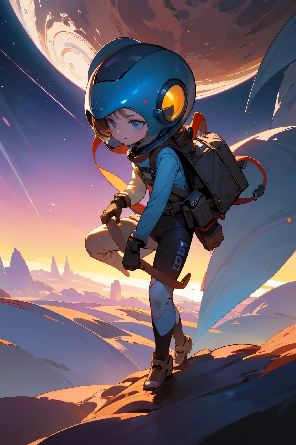 Ultra-detailed and hyper-realistic, an astronaut ??? explores a new alien planet. He takes small, curious steps on the unfamiliar terrain, leaving footprints in the fine, granular soil. Next to him, a sleek, advanced space ship hums softly, its metallic surface reflecting the shimmering light of distant stars. The ???'s helmeted head turns, scanning the surroundings warily as his heart races with excitement. Unusual creatures, with vibrant colors and elongated limbs, watch him from the shadows. Their expressions are inscrutable, their eyes glowing with an otherworldly intelligence. The background is a breathtaking canvas of swirling