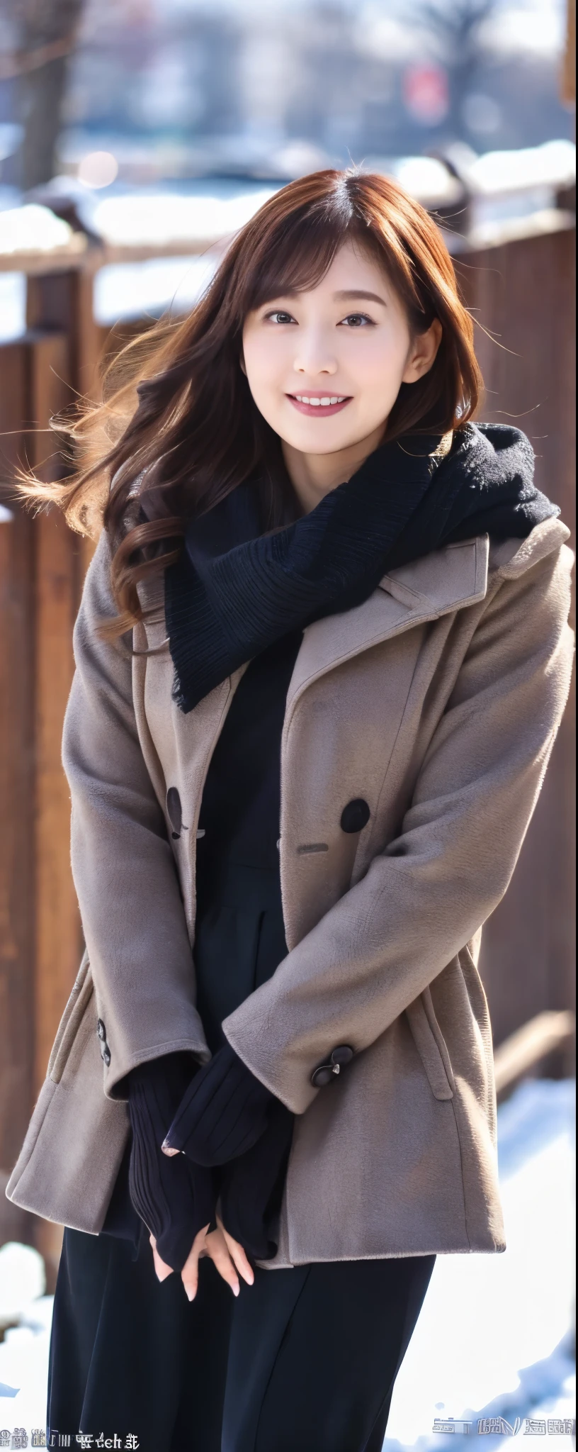 (8k, RAW photos, top quality, masterpiece: 1.2, ultra detailed, super resolution, real photos: 1.37), (Full body:1), 1 noble elegant Japanese lady, (standing contrapposte), winter season, ((black color coodinate, wearing over-size nouton coat, winter fluffy scarf, grey long skirt, legging, wearing long boots)), Shiny, Smile, Looks like 1.8 meters tall, large pelvis, Large breasts, big cuvy hips, Thin waist, Long legs, skin hyper-detail, 20 years old, Perfect face, (Detailed facial features), Wavy hair, Daylight, winter season, snazzy cafe,