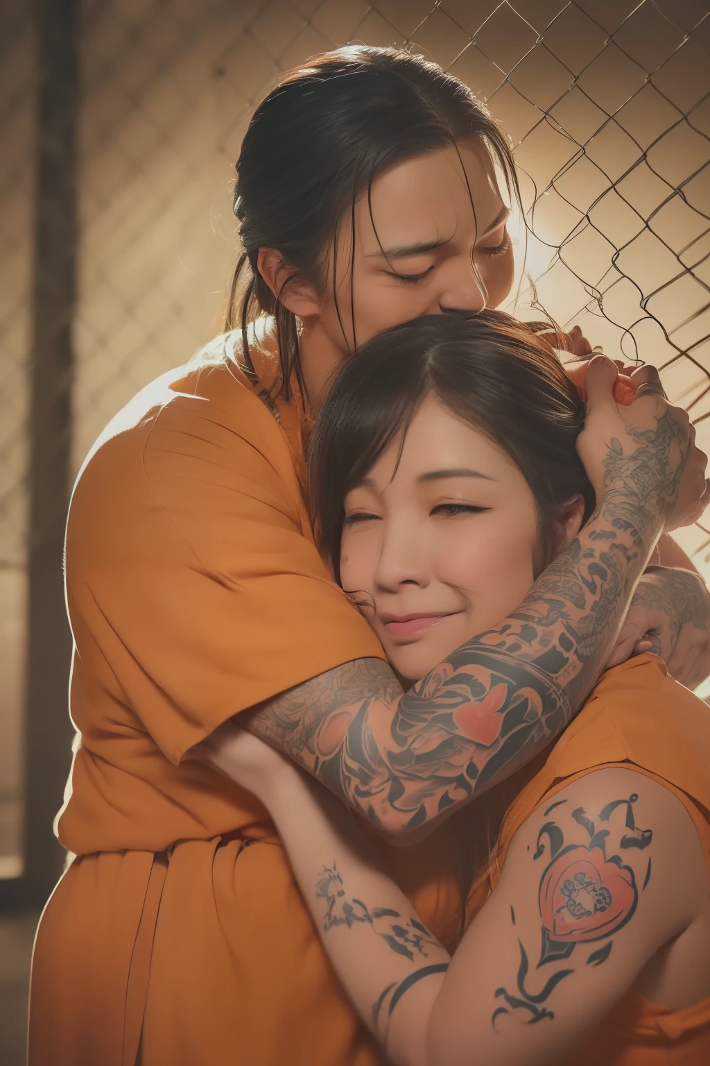 (Realistic illustration: 1.3), (Asian male inmate with tattoos: 1.2), (California Department of Corrections: 1.1), Wearing orange prison jumpsuit, (Embraces a woman during prison visit: 1.5), (Cute and lovely scene: 1.4), (Soft lighting, warm colors: 1.2), Woman wearing casual dress, (Expressing affection and love: 1.6), (Detailed facial expressions, both characters: 1.3), (Background shows prison setting, bars visible: 1.1)