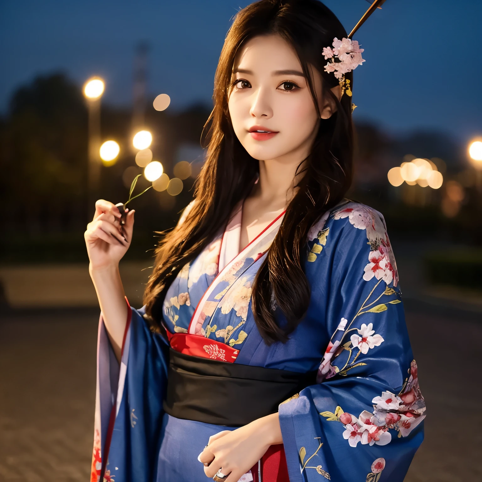 Fox mask、woman 、blue kimono、night sky、cherry blossoms