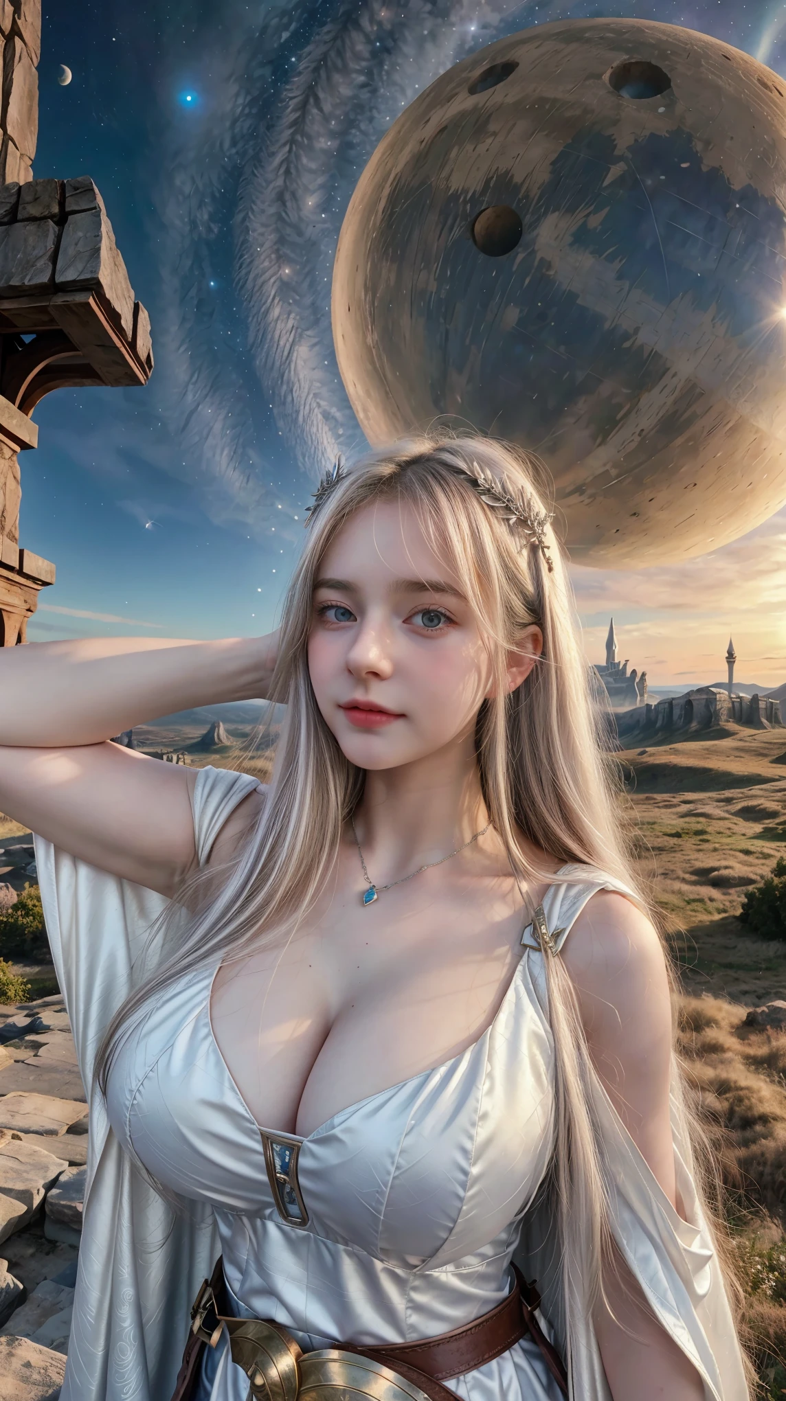 1 Girl, Beautiful, Baby Face, 20 Years Old, White Skin, Gigantic Colossal Chest, Sleeveless, Cleavage, She is Princess of Asgard Cosplay Costumes, Primcess Cloak, View of Empty Land, Hands Up Pose, Textured Armpit Folds, The Huge Planet Jupiter Can Be Seen In The Sky, Silver Straight Hair, ((adorable:1.3)), ((masterpiece:1.1))