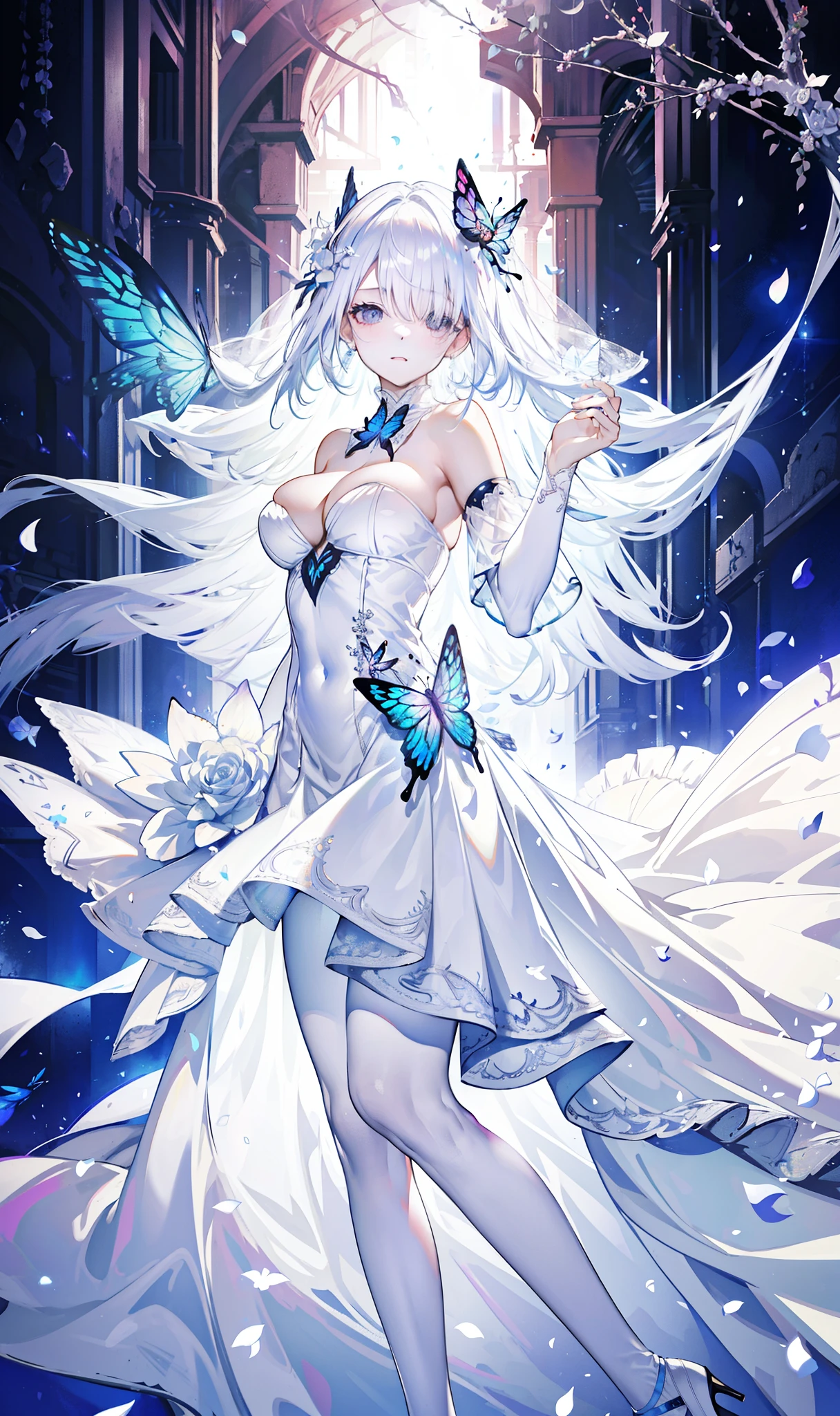 silver hair,Butterfly,long white hair,white wedding dress,8k wallpaper,Detailed background,Highest resolution,Deep V big breasts,hair covering one eye,bandeau wedding dress,Chis,White Rose,tight,full-body shot