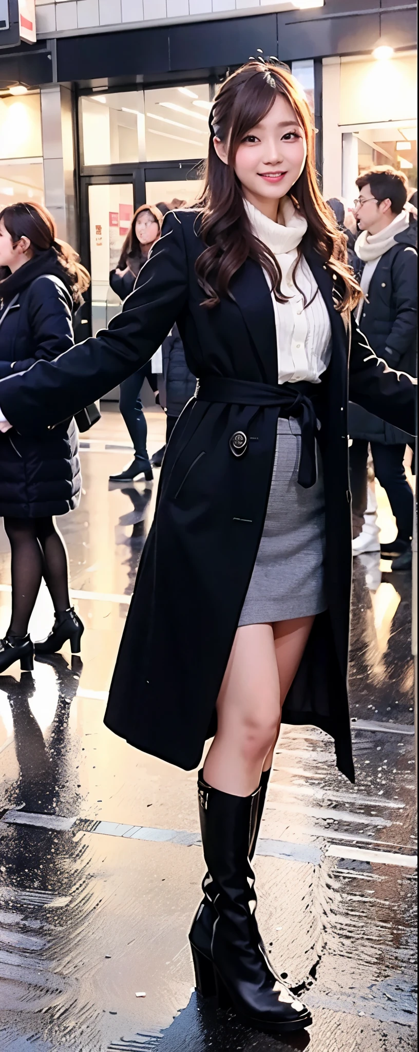 (8k, RAW photos, top quality, masterpiece: 1.2, ultra detailed, super resolution, real photos: 1.37), (Full body photo), 1 noble elegant Japanese lady, (standing contrapposte), winter season, ((black winter color coodinate, wearing closed over-size black long coat, winter fluffy scarf, grey long skirt, black tights, wearing mouton boots)), Shiny, Smile, Looks like 1.8 meters tall, large pelvis, Large breasts, big cuvy hips, Thin waist, Long legs, skin hyper-detail, 20 years old, Perfect face, (Detailed facial features), Wavy hair, center of street, crowd of people,