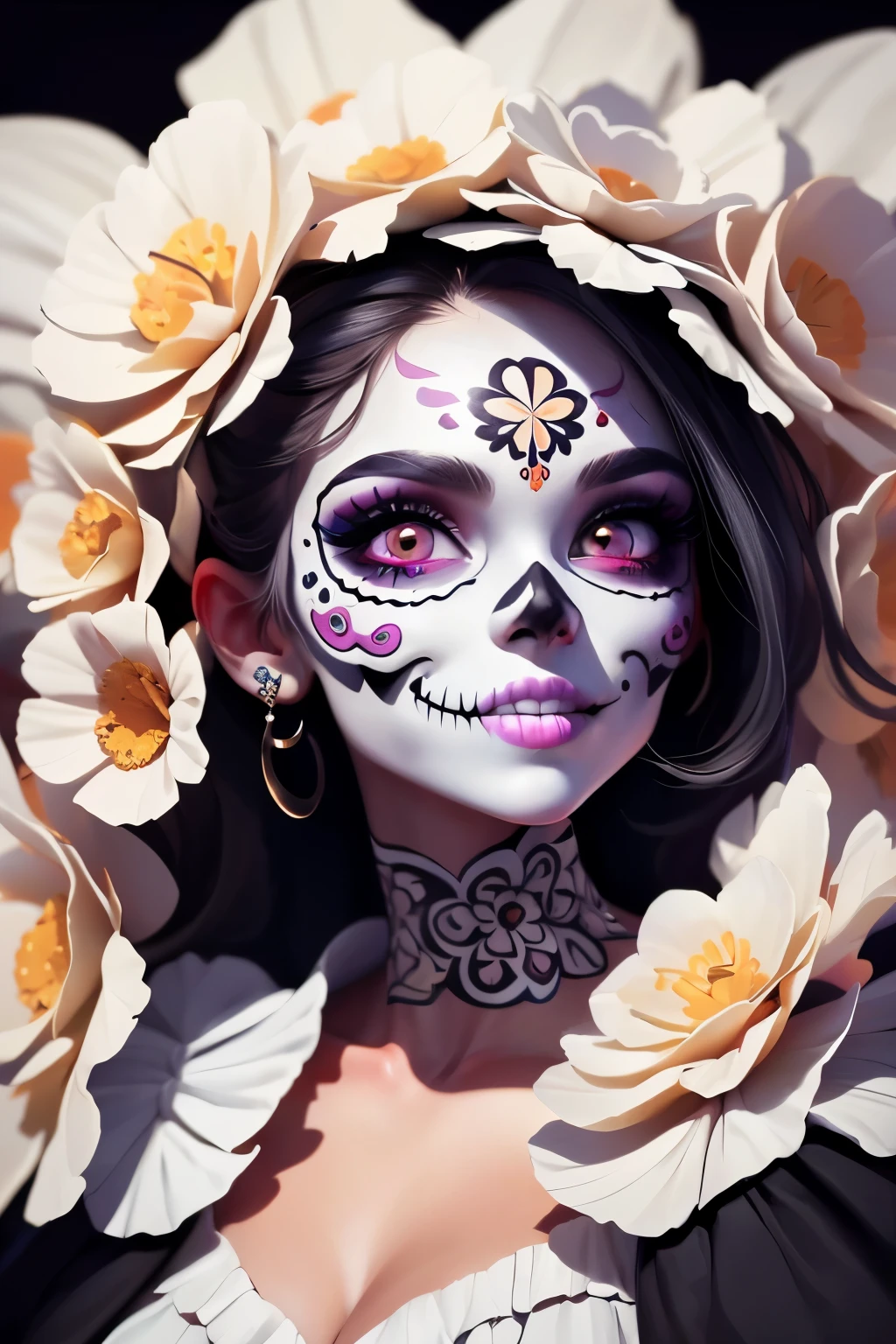 (masterpiece:1.2, best quality, a girl with a beautiful smile and sugar skull death makeup, white face, vibrant colors, detailed eyes and lips, floral patterns, dark background, surreal lighting)