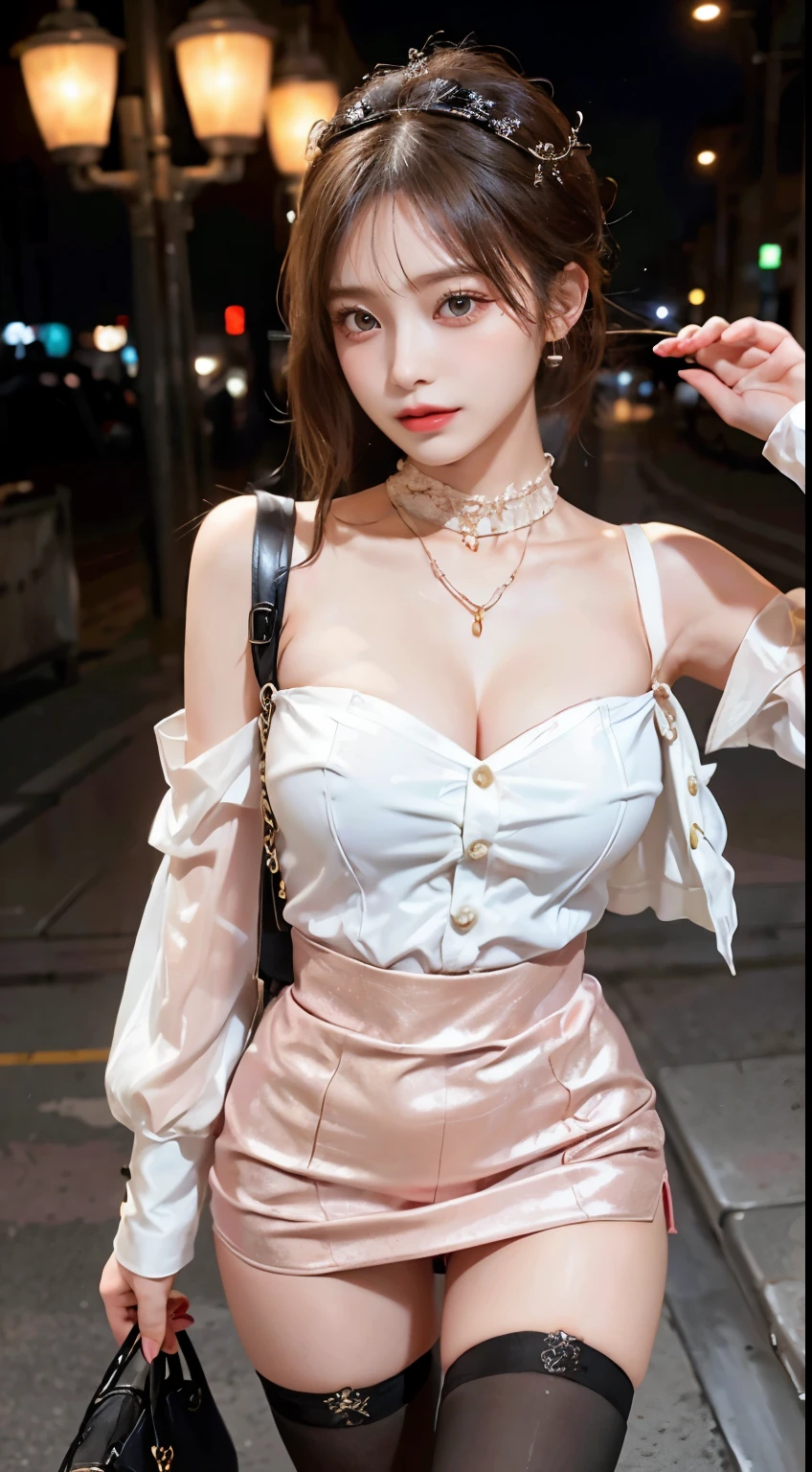 Black women、Dark skin color、Spread your legs、Earrings、necklace、White shirt with puff sleeves and collar、((flare skirt))、(Thigh-high stockings)、((Lacy pink panties are visible))、Big Breasts、((Bowl Cut Hair))、((Straight Hair))、(blunt bangs)、(New York Cityscape)、Very beautiful woman、Slender women、(Detailed face)、Realistic Skin、((Delicate photo))，(Girl Masterpiece RAW Photo Details:1.25), (Highest quality:1.6), (Ultra-high resolution:1.5), (Realistic:1.75), 8k resolution, Canon EOS R5, 50mm, Absurd, Ultra-detailed,Cinema Lighting、
