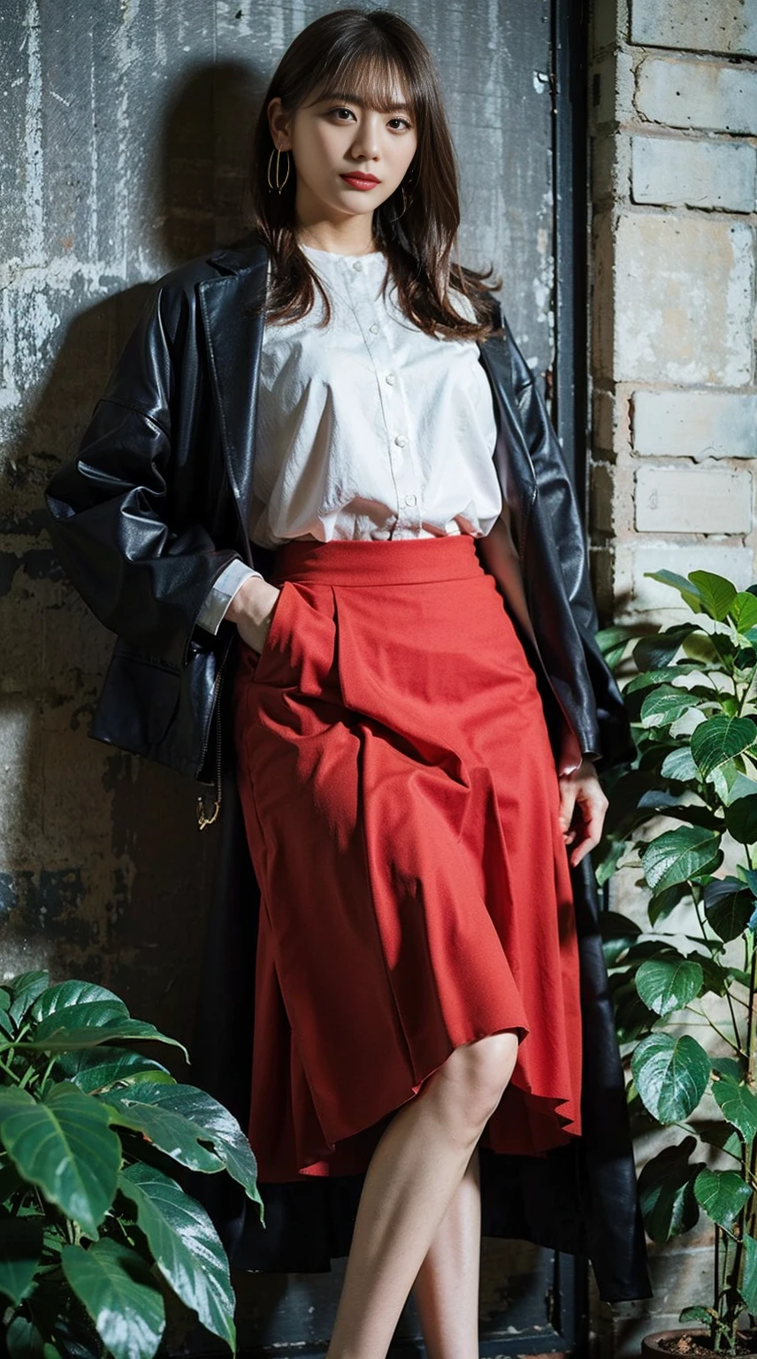 masterpiece, great work, whole body, 1 girl,  mini skirt, blush, bracelet, beautiful breasts, , gradient hair, long hair, looking at the audience, loose earrings, checked skirt, red eyes, ring, smile, alone,  fashion, woman, vitality,  take a pose, front, colorful,concentrated、whole body画像(1:5）、thin legs、Are standing、put your hands on your hips、idol costume、boots、whole body画像、Chest emphasis、pink costume、stand with legs apart