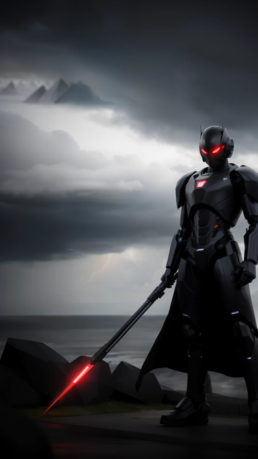 A mysterious figure stands in front of an ominous stormy background. His robotic body, consists of advanced technologies and complex mechanisms, discards long, ominous shadows on the ground. A single piercing red eye glows from the center of his torso, illuminating the darkness around you. Metal arms gracefully balanced, one hand squeezes shiny, futuristic scepter, the other lies on the polished, metal chin. His lips curl in a calculating, mysterious smile. It's hyper-detailed, the secretive cyborg exudes magnetic force and unwavering determination.