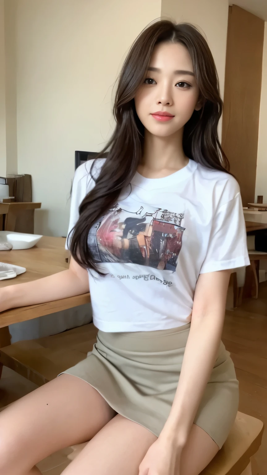 ((top-quality、8k、masterpiece:1.3))、Beautiful woman with perfect body:1.4、slim abdomen:1.2、Longhair, normal breast, Highly detailed facial and skin texture, A detailed eye, delicate eyes, double eyelid, (smile), (full body shot), ((restaurant 1.1)), (sitting on chair), (((wearing t-shirt with skirt))), looking in front