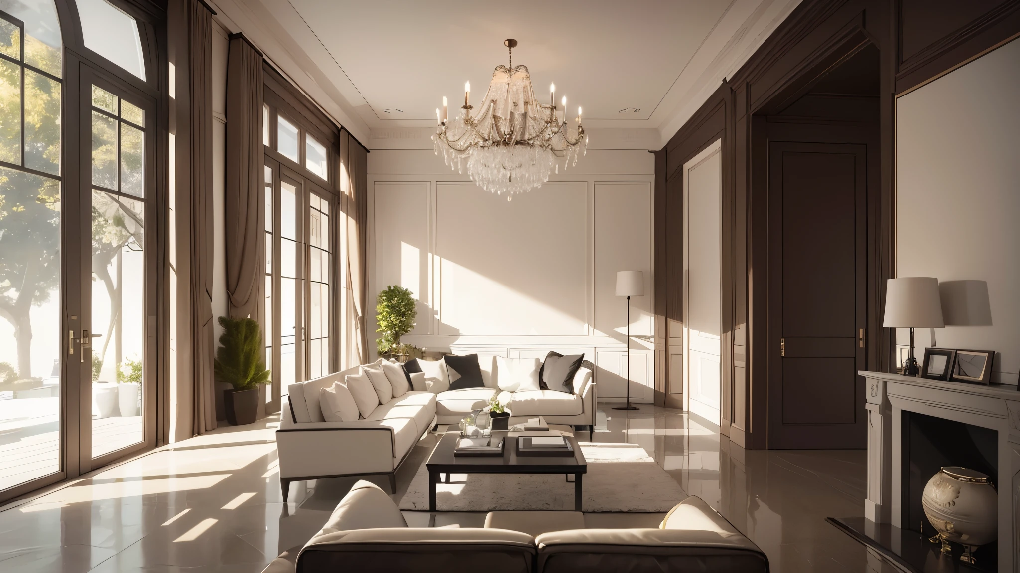 You are a famous interior designer、You have been asked to create a 3D image of a modern large room. Create a harmonious environment with modern and minimalist furniture. Including garden interior.