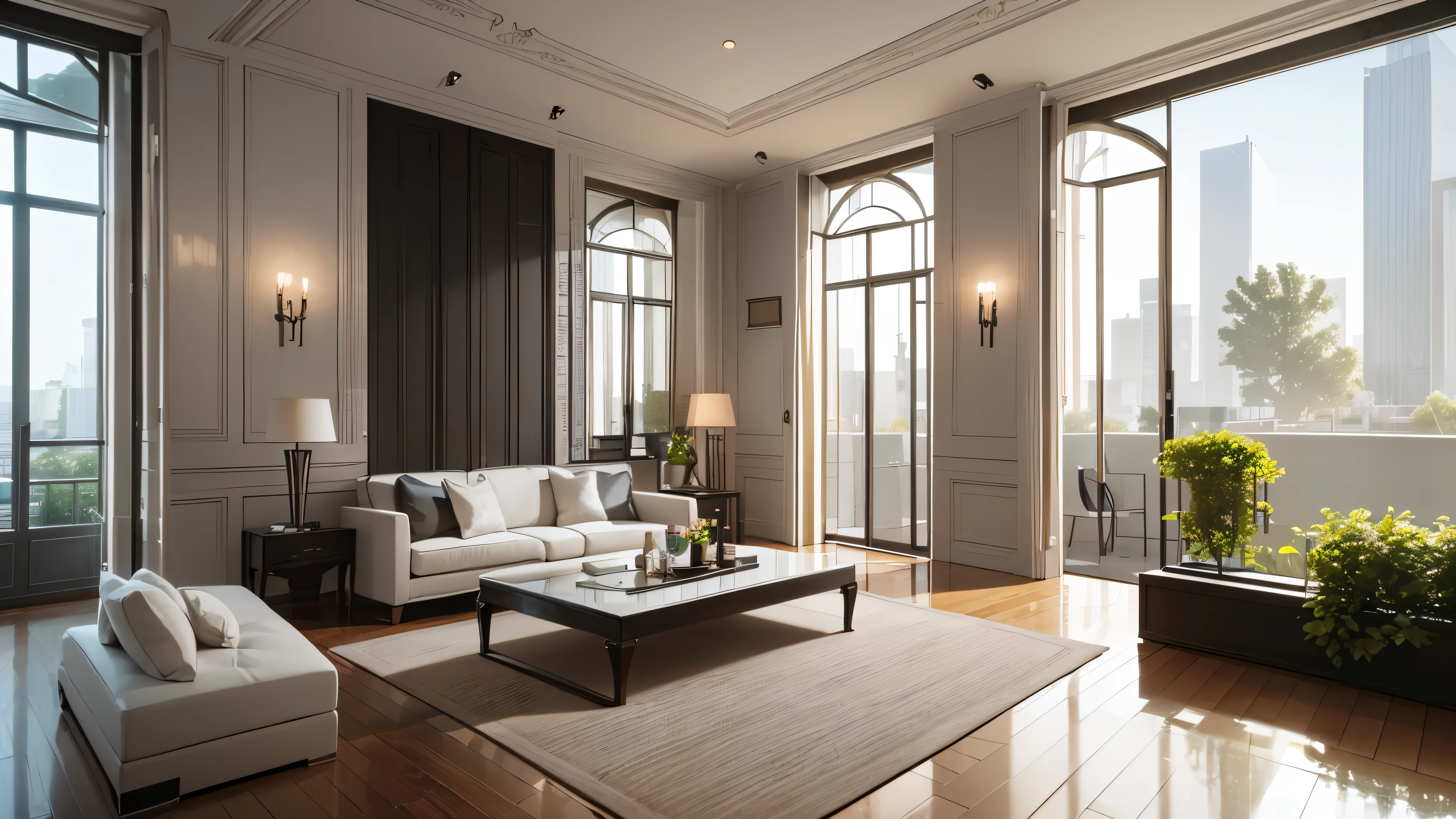 You are a famous interior designer、You have been asked to create a 3D image of a modern large room. Create a harmonious environment with modern and minimalist furniture. Including garden interior.