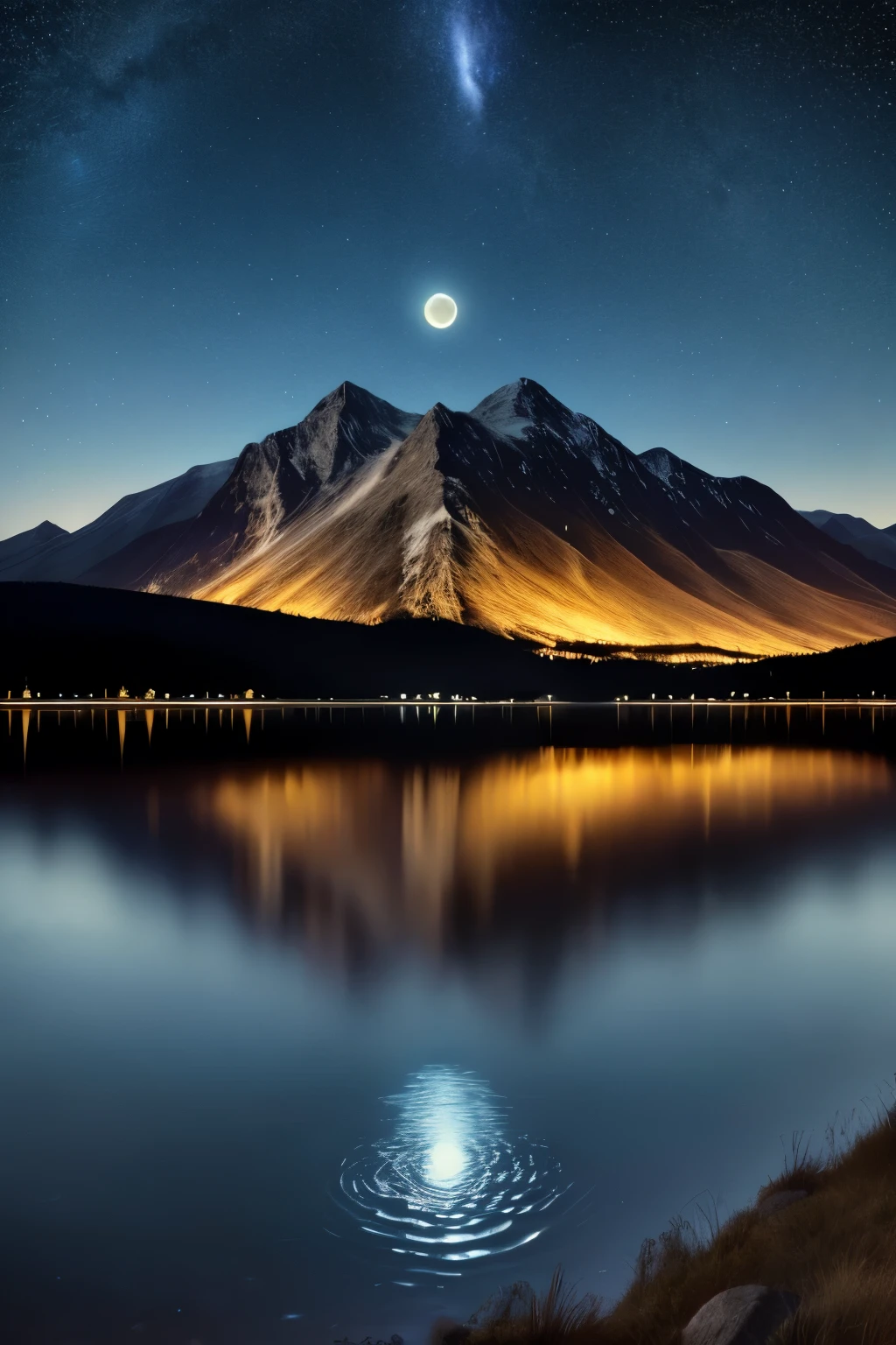 Very starry night. A huge moon over the mountain. A tranquil lake reflecting the night. realistic scene, be familiar with, photorealism, 8K