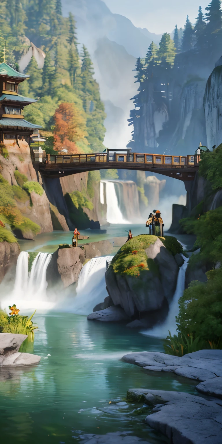 analog style,ChromaV5,nbing punk,(Highly detailed CG Unity 8K wallpaper),The image of a majestic river, Side trees々, tiny waterfall, Intense fog ,award winning photography, chromatic aberration, be familiar with , HDR, bloom, Monet's style, Hisaka, and sisley ,Trending with ArtStation, trending on cgsociety, The Art of Mid-Journey