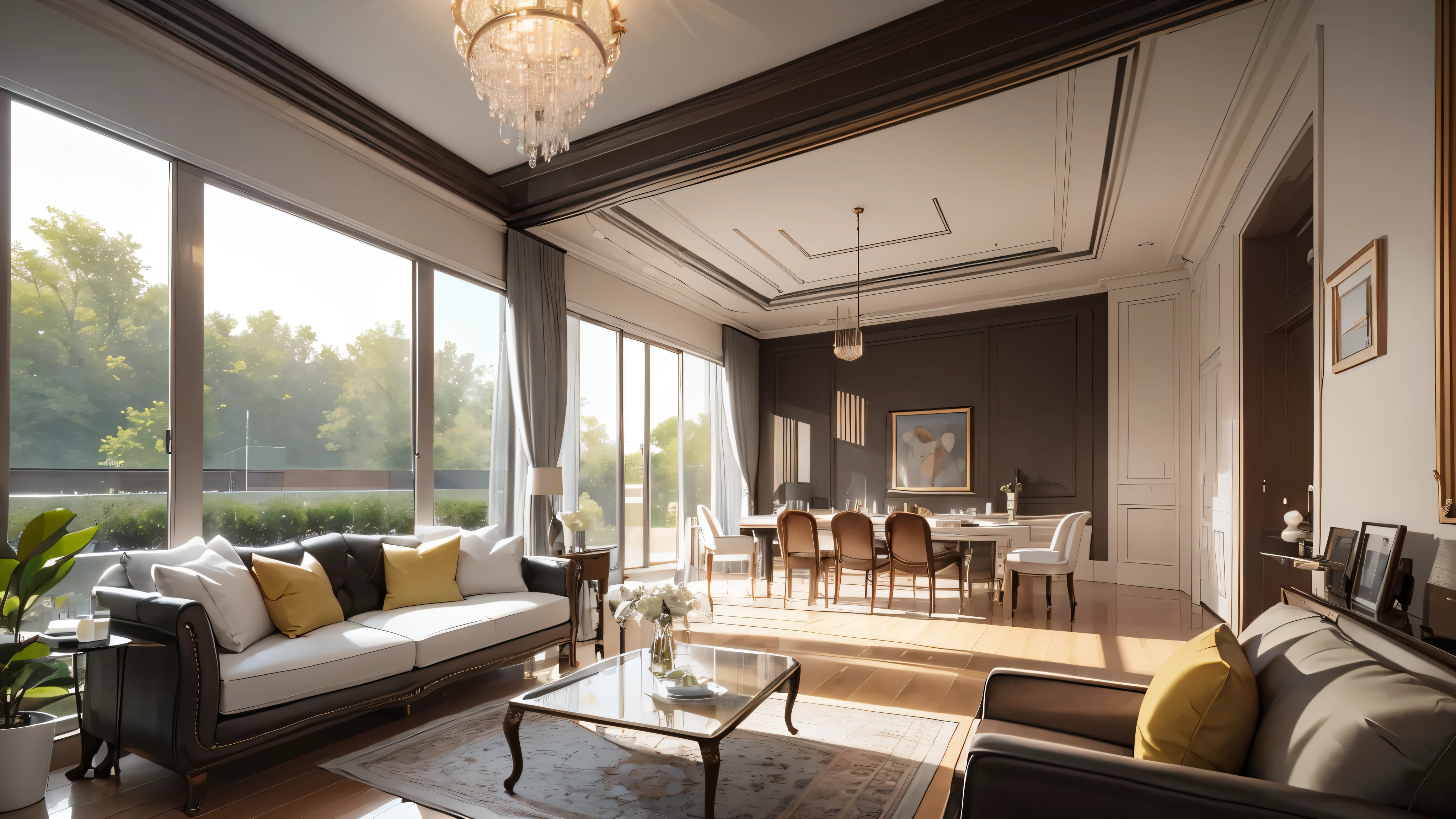 You are a famous interior designer、You have been asked to create a 3D image of a modern large room. Create a harmonious environment with modern and minimalist furniture. Including garden interior.