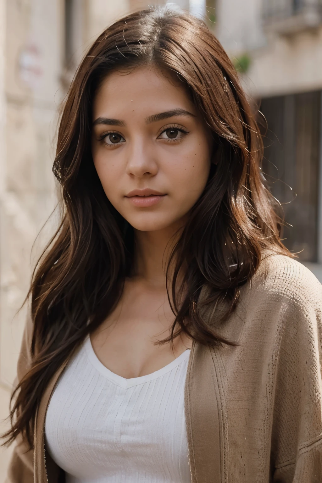 foto realista de una joven morena con cabello largo en capas y ojos color avellana