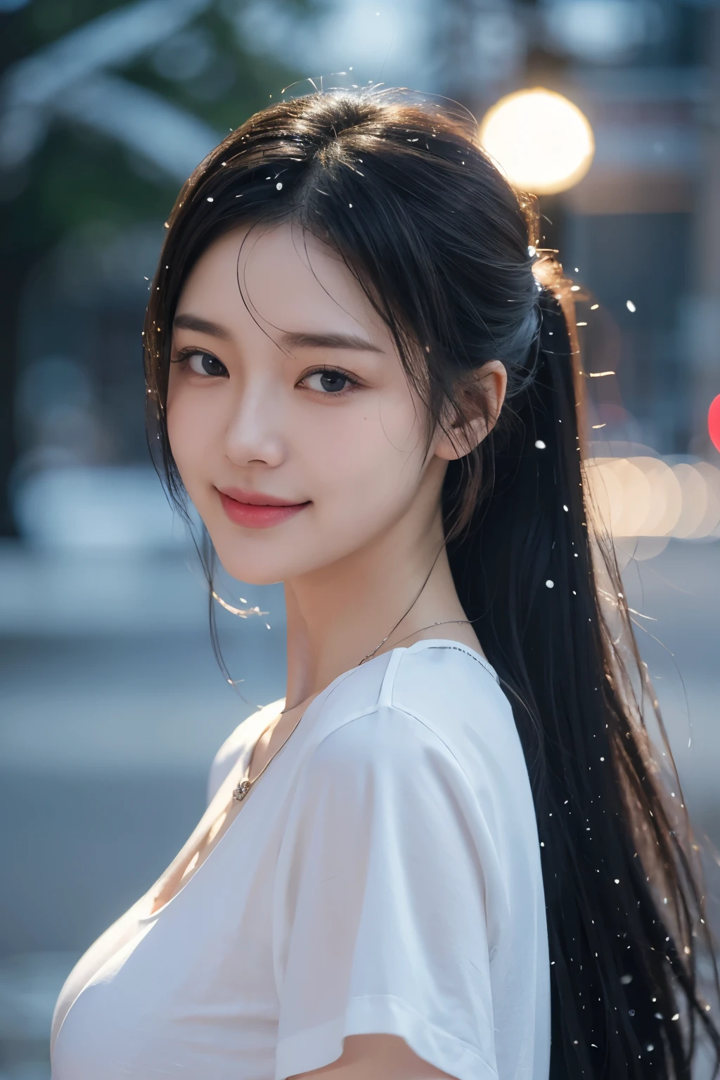 (top-quality,​masterpiece:1.3,超A high resolution,),(ultra-detailliert,Caustics),(Photorealsitic:1.4,RAW shooting,)Ultra-realistic capture,A highly detailed,high-definition16Kfor human skin、(Large breast) ((Jewelry)) ,Hair ornament , Necklace ,Skin texture is natural、、The skin looks healthy with an even tone、 Use natural light and color,One 12 years old , hair up, super big hair up, white body press t-shirt, tight_shirt, (smile:1.2), city street, (photorealistic:1.2), (ultra realistic:1.3), (very detailed:1.1), ((masterpiece)), super big round breast, mega big under tshirt, large breasts , wet clothes , (( wet body )) ,japanes,,kawaii,A dark-haired,Middle hair,(depth of fields、chromatic abberation, Wide range of lighting、Natural Shading、)、(Exterior light at night:1.4)、(Falling snow:1.3)、(Hair swaying in the wind:1.2)、(Light reflecting snow:1.0)  ,Eyes closed , This expression of bliss and contentment,   her eyes rolling back in a state of ecstasy and satisfaction,  camera from front